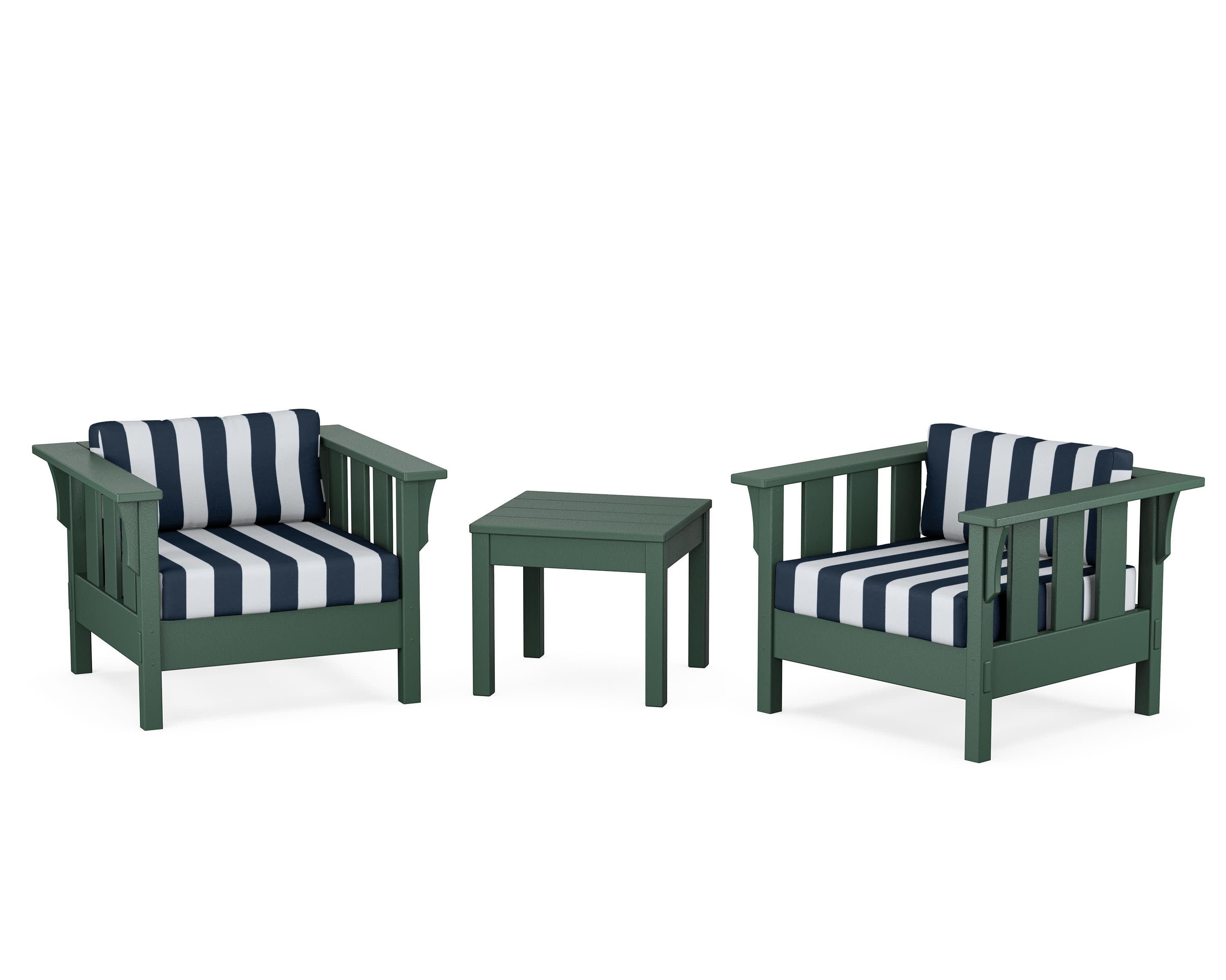 Acadia 3-Piece Deep Seating Set in Green / Cabana Stripe Marine Indigo