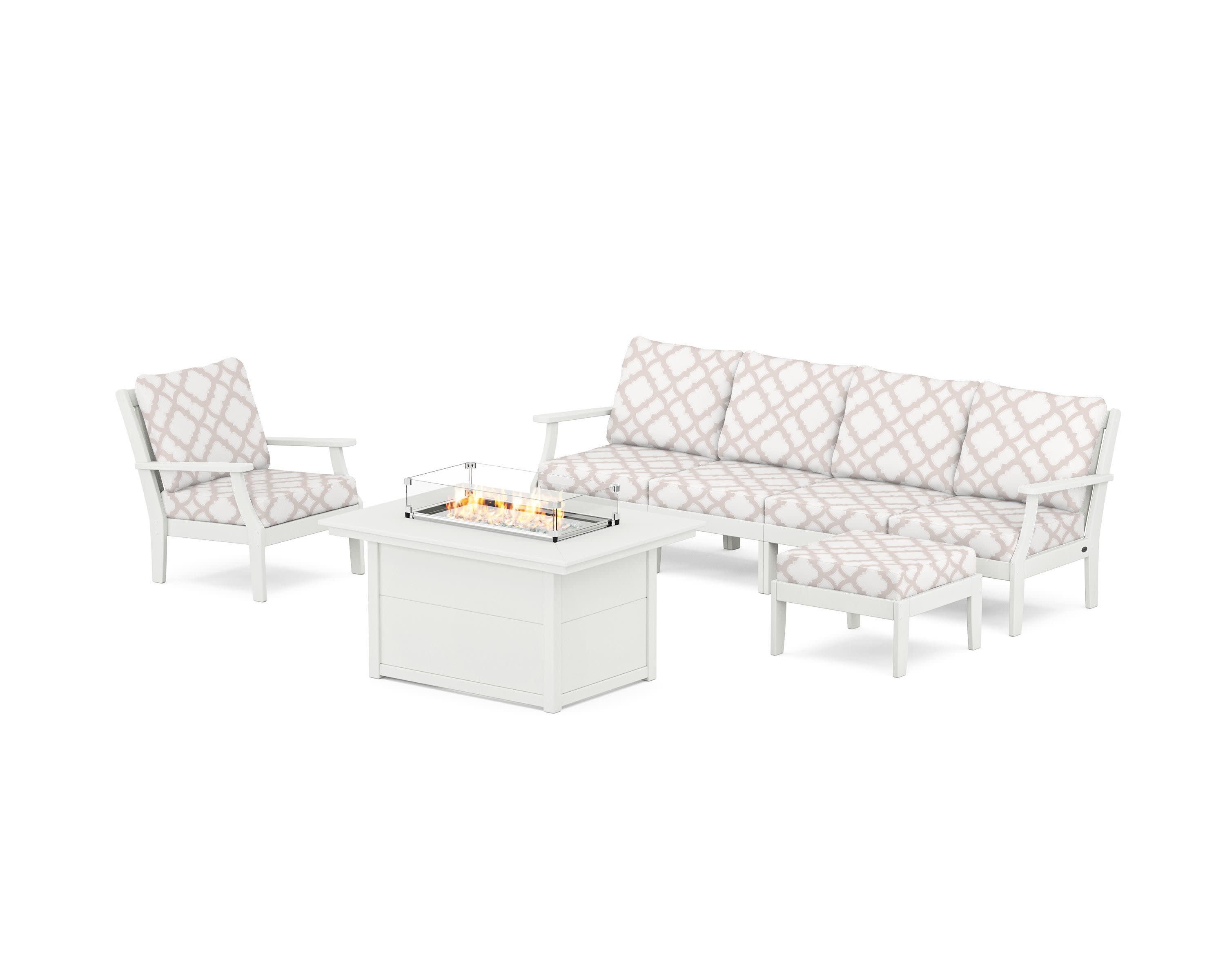 Braxton Sectional Lounge and Fire Pit Set in Vintage White / Trellis Dune Burlap