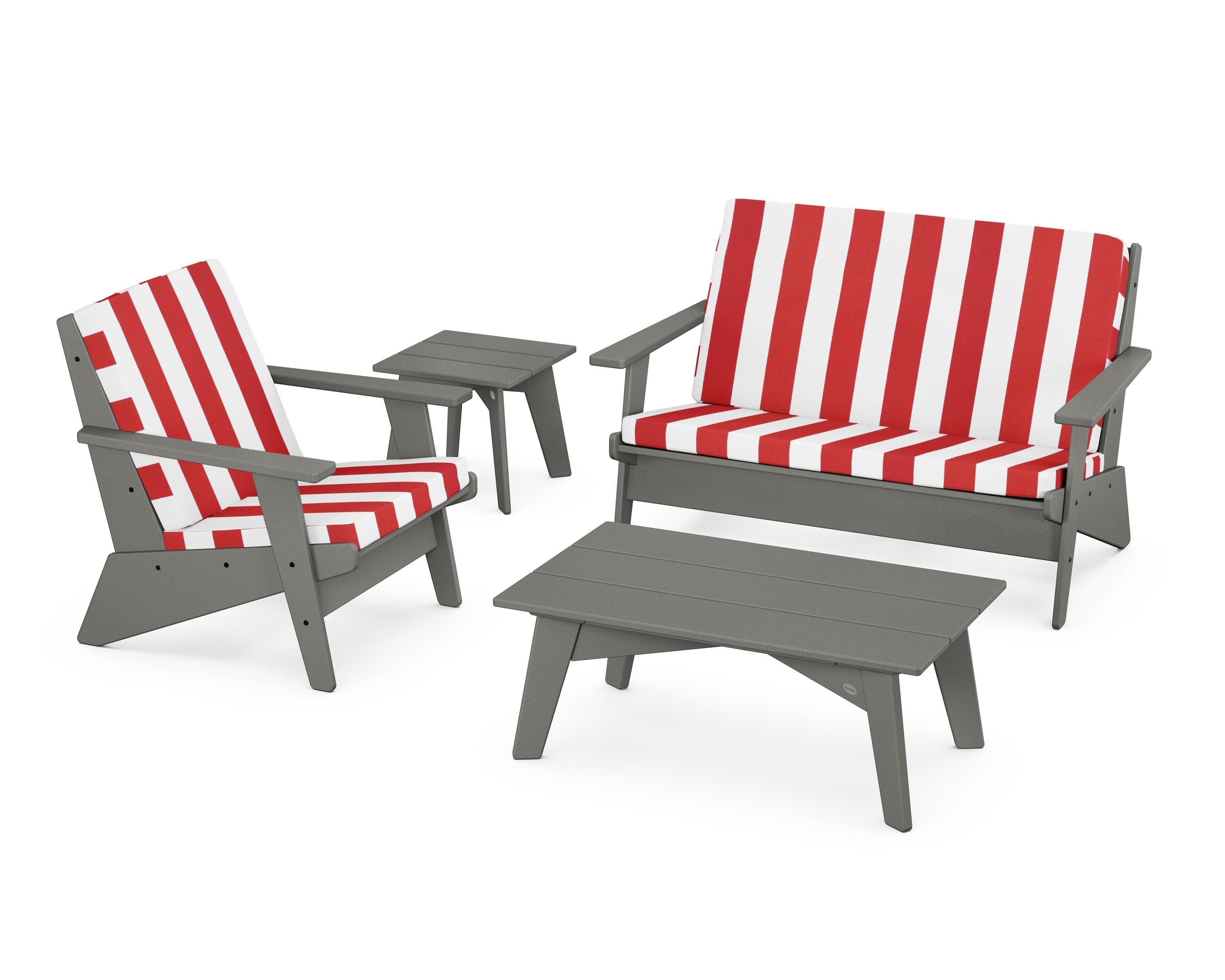 Riviera Modern Lounge 4-Piece Set in Slate Grey / Cabana Stripe Crimson
