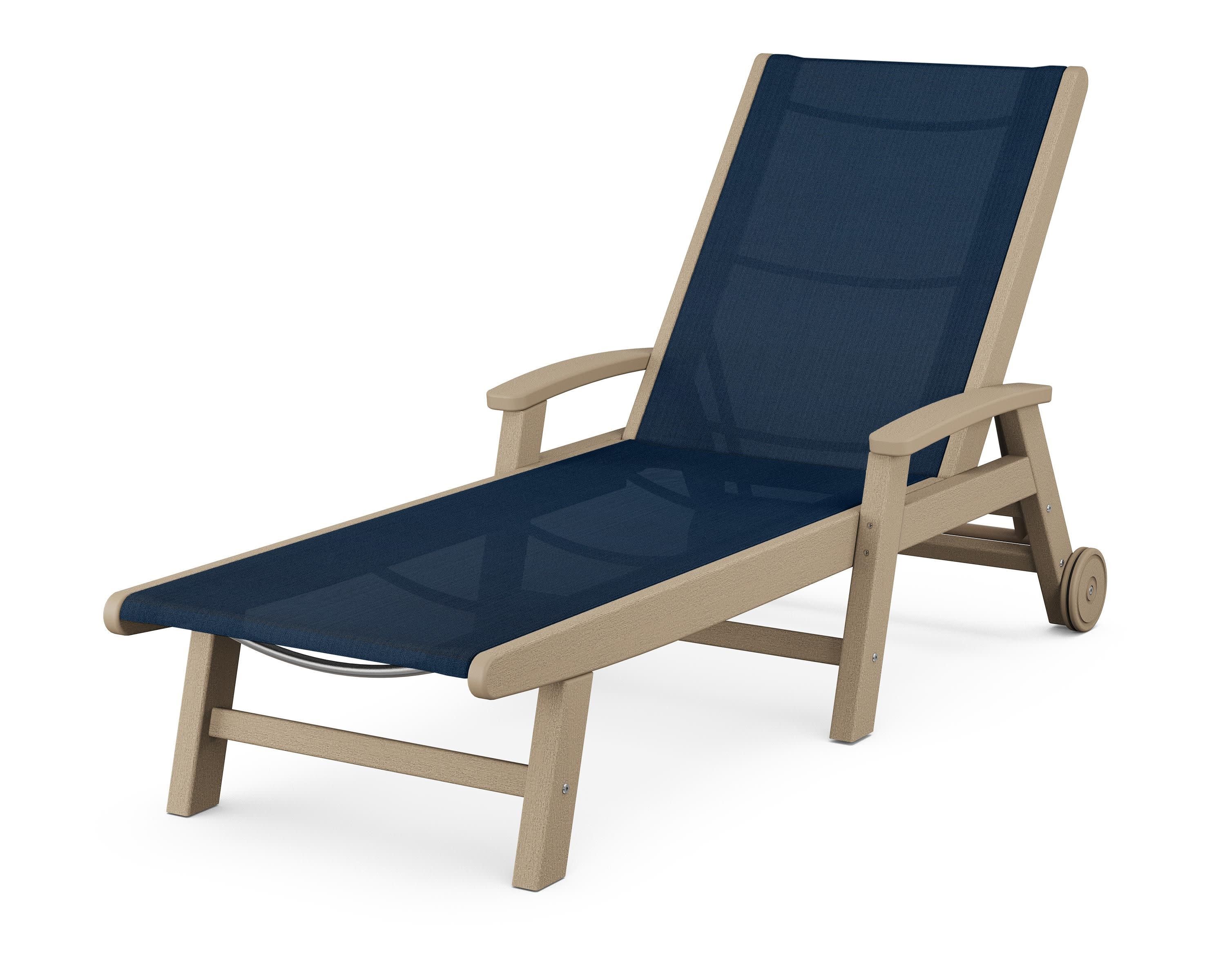 Coastal Chaise with Wheels in Vintage Sahara / Navy Blue Sling