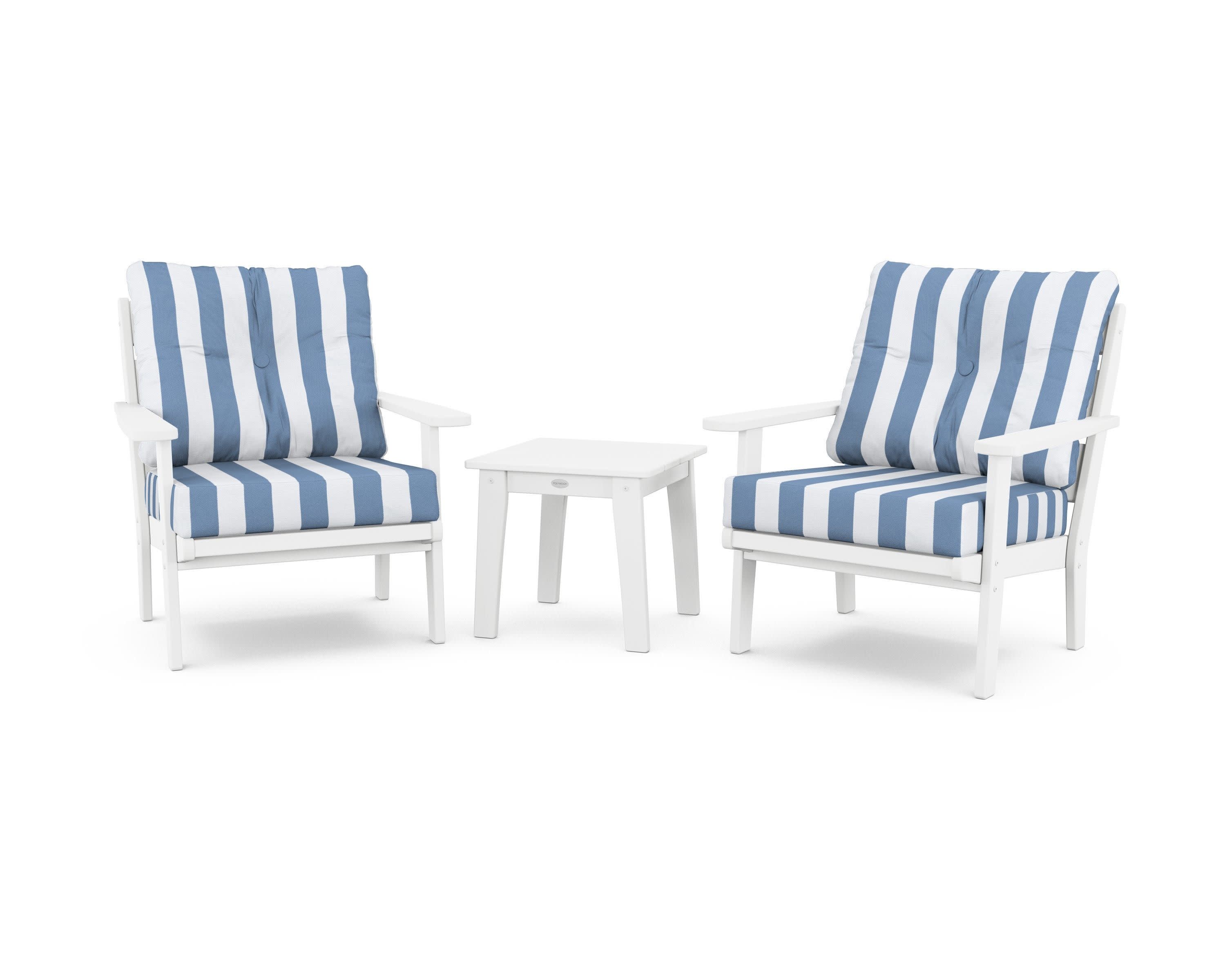 Lakeside 3-Piece Deep Seating Chair Set in White / Cabana Stripe Sky Blue