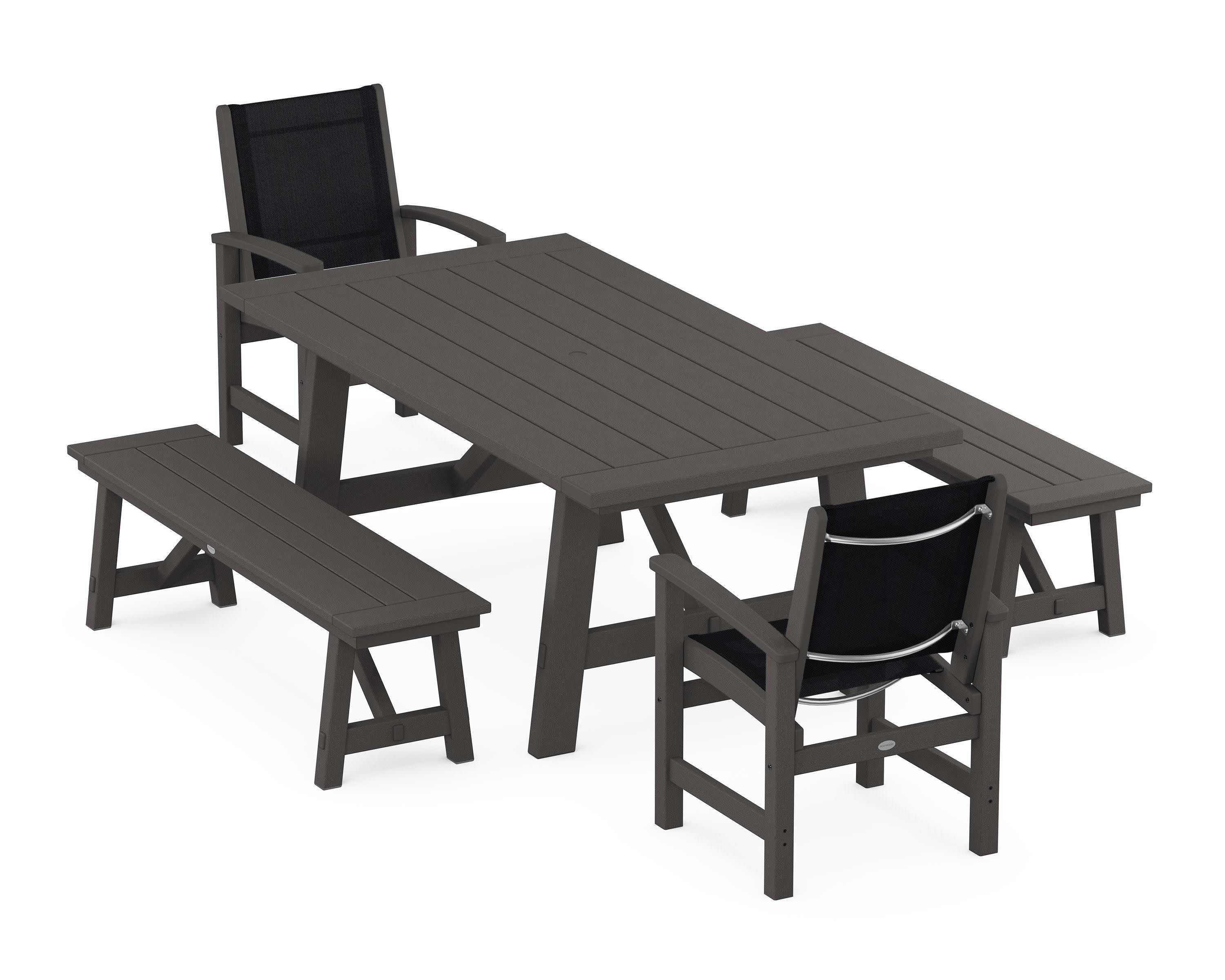 Coastal 5-Piece Rustic Farmhouse Dining Set With Benches in Vintage Coffee / Black Sling