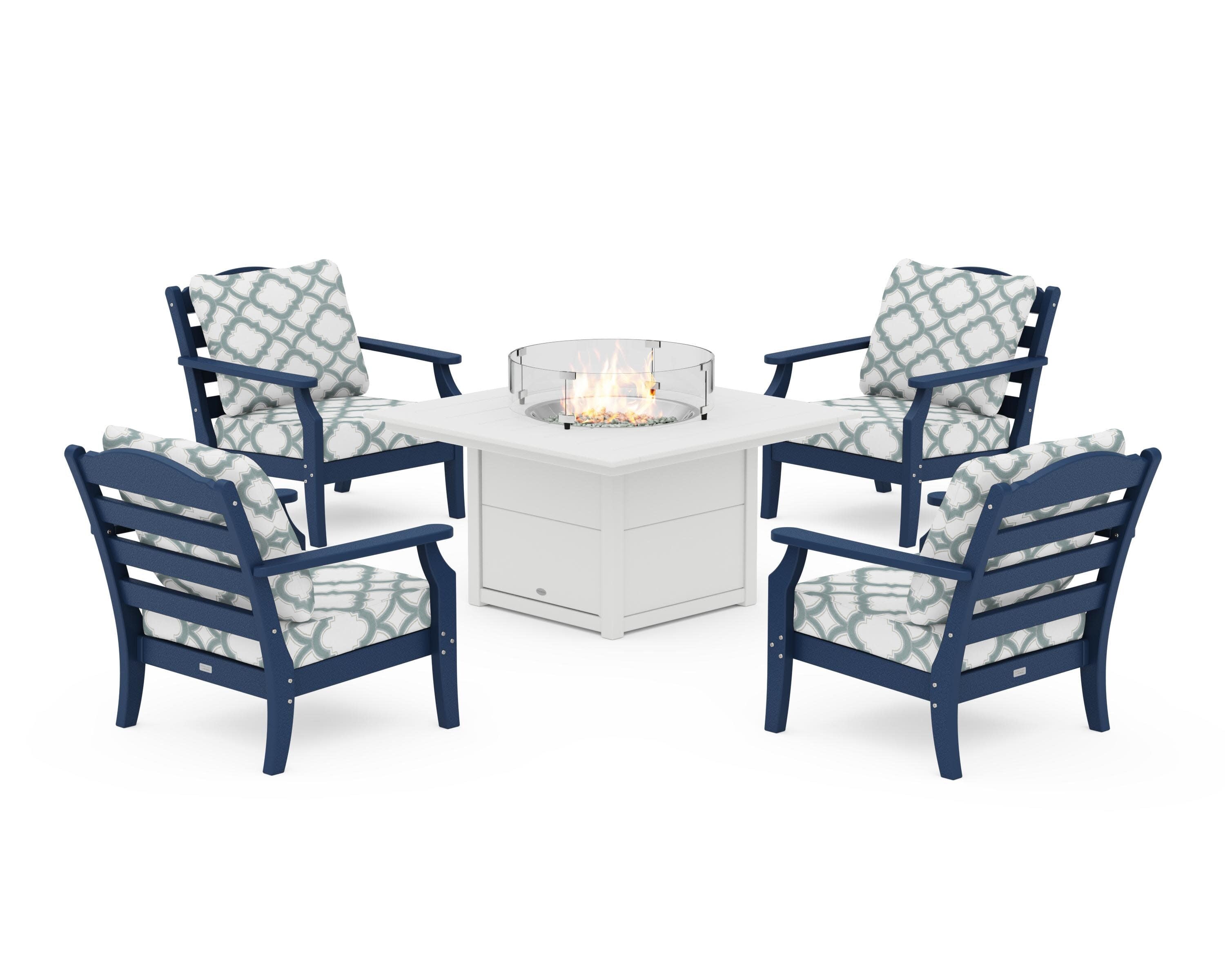 Savannah 5-Piece Deep Seating Set with Fire Pit Table in Navy / Trellis Glacier Spa