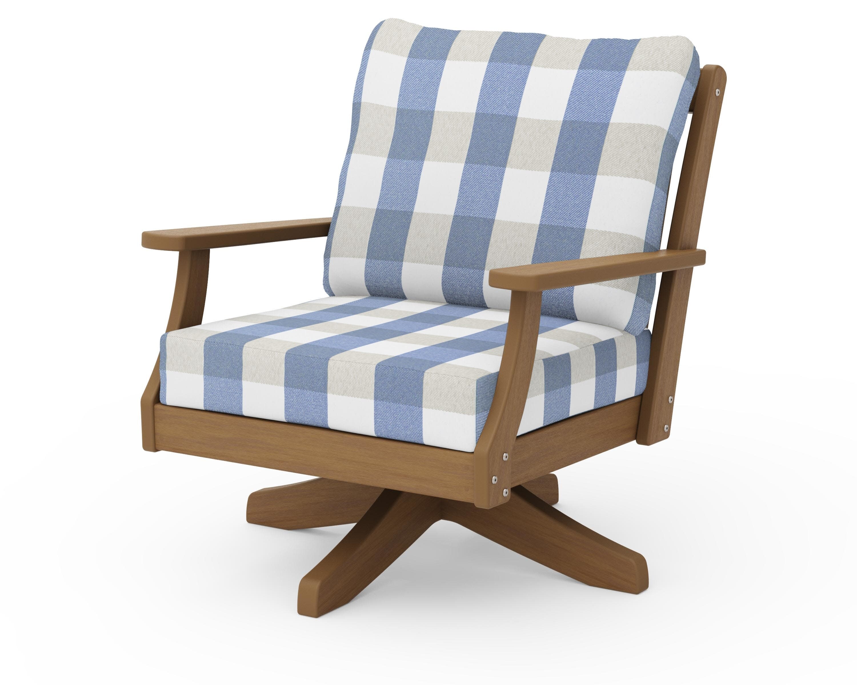 Braxton Deep Seating Swivel Chair in Natural / Buffalo Plaid Sky Blue