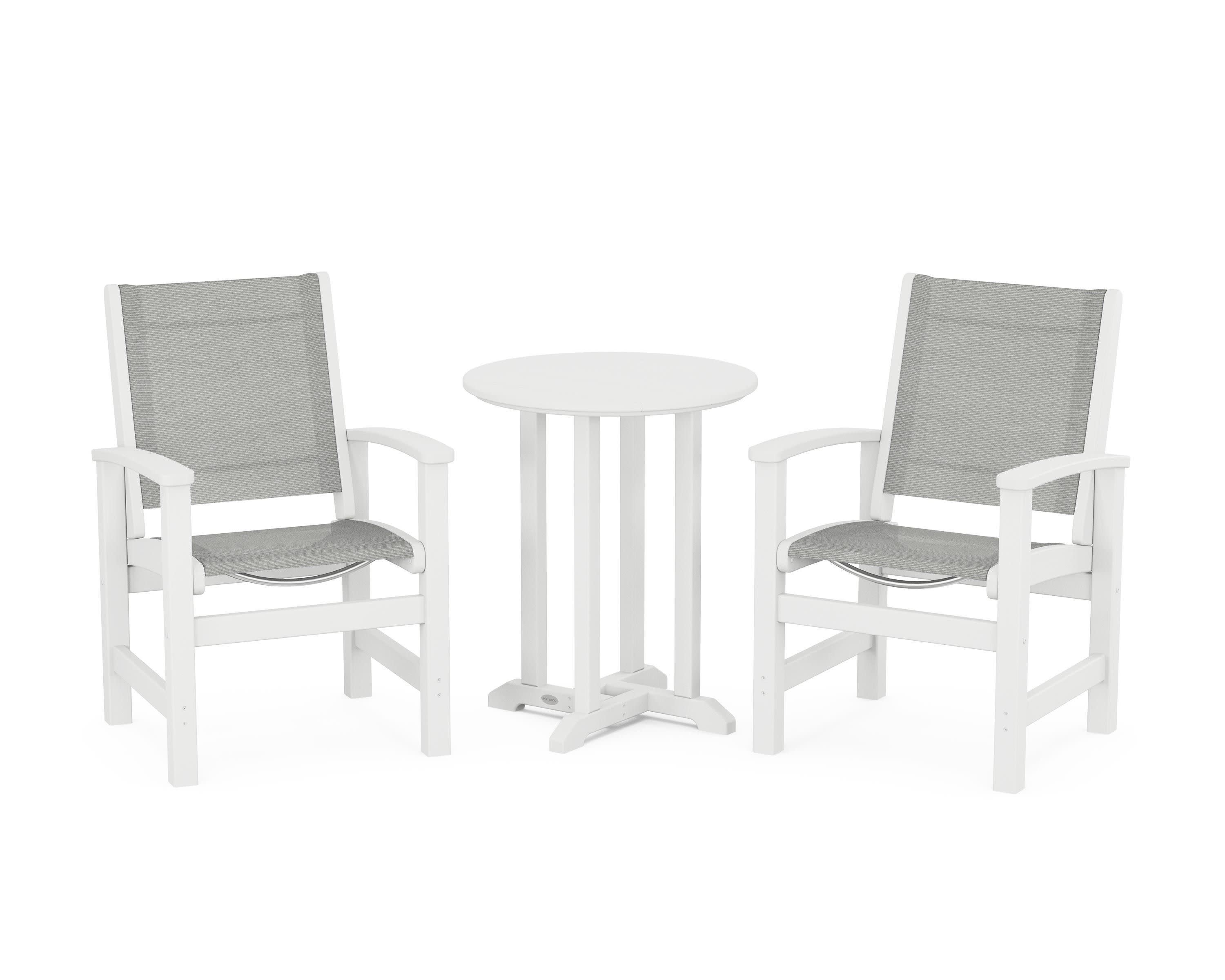 Coastal 3-Piece Round Bistro Dining Set in White / Metallic Sling