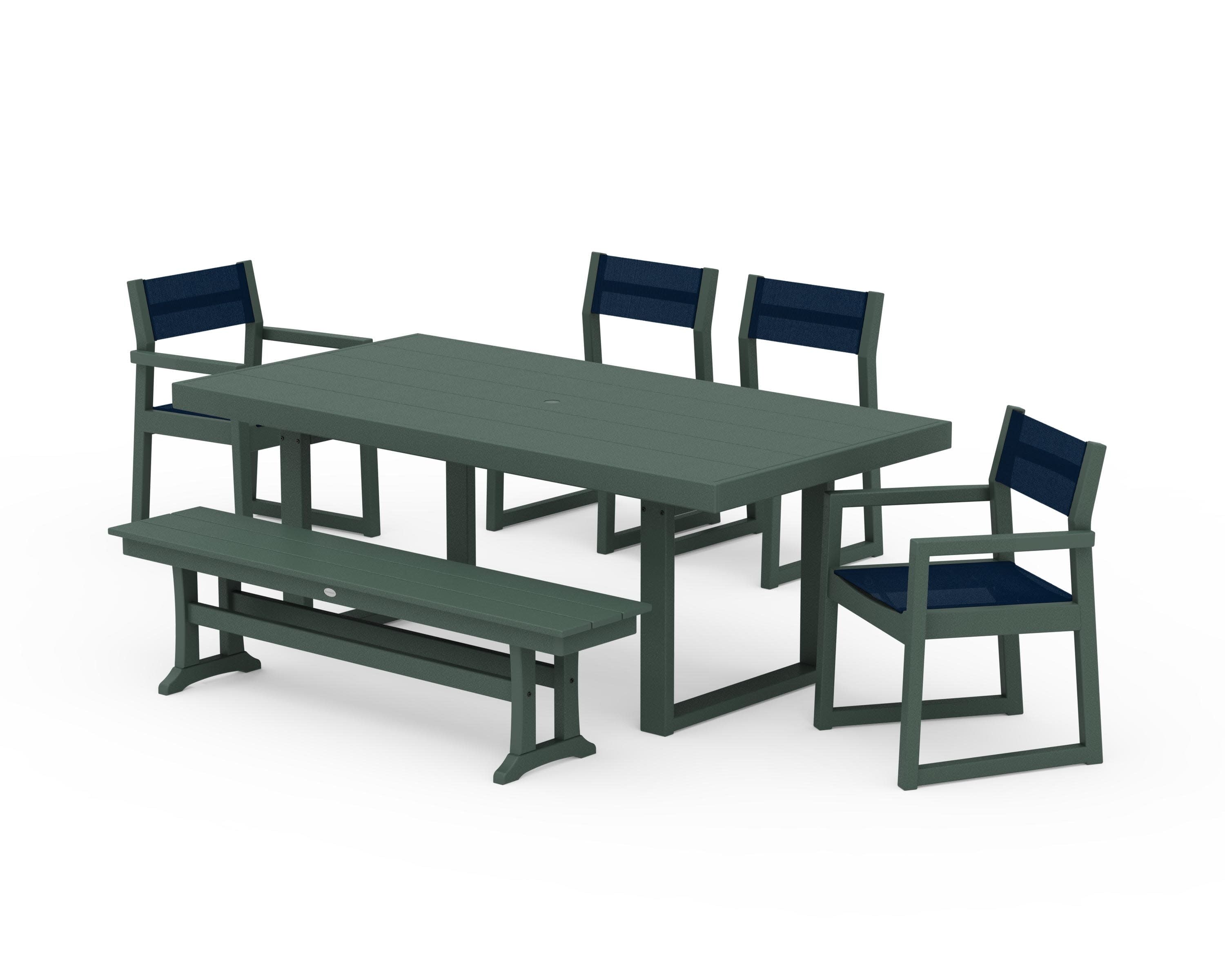 EDGE Sling 6-Piece Dining Set with Bench in Green / Navy Blue Sling