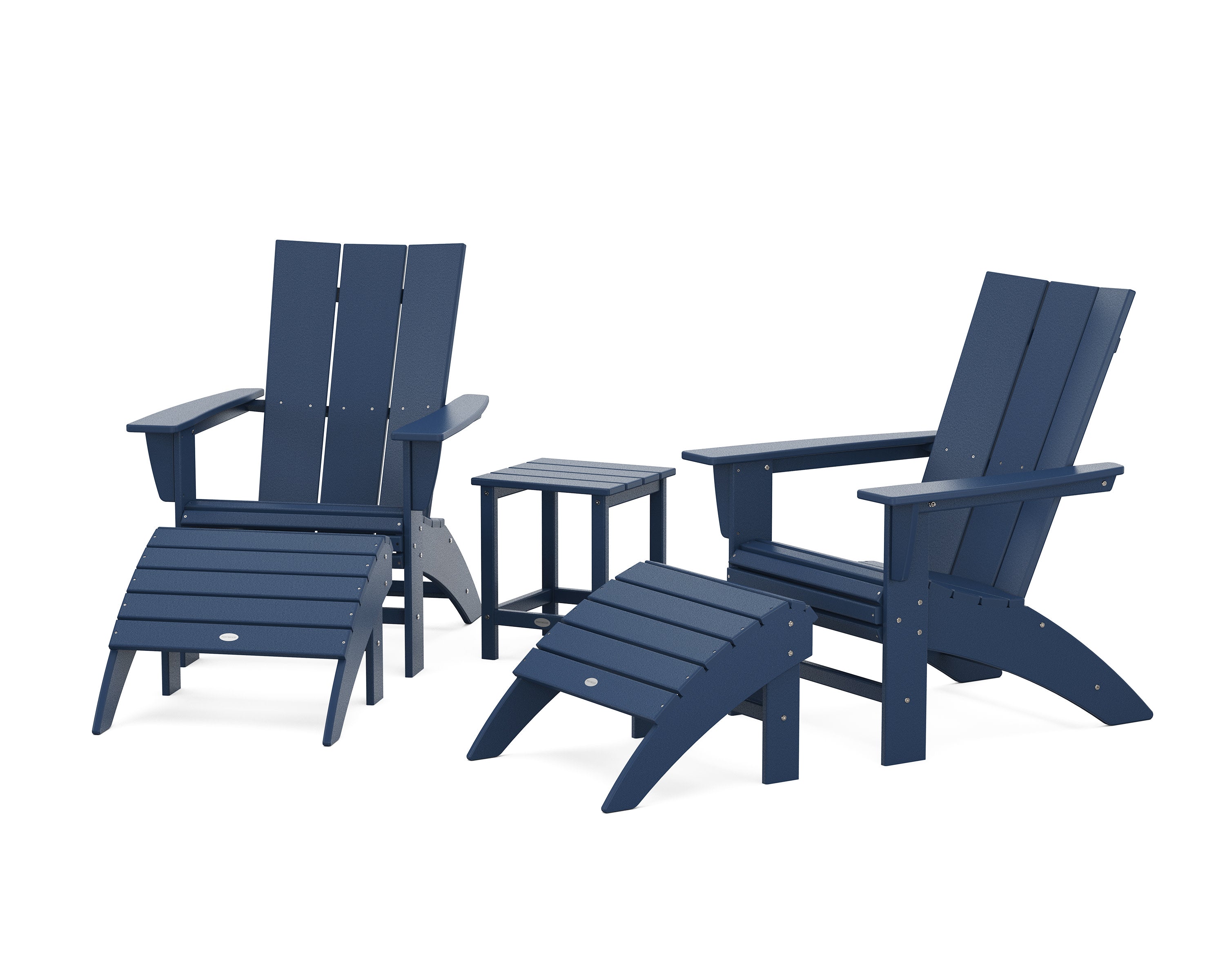 Modern Curveback Adirondack Chair 5-Piece Set with Ottomans and 18" Side Table in Navy