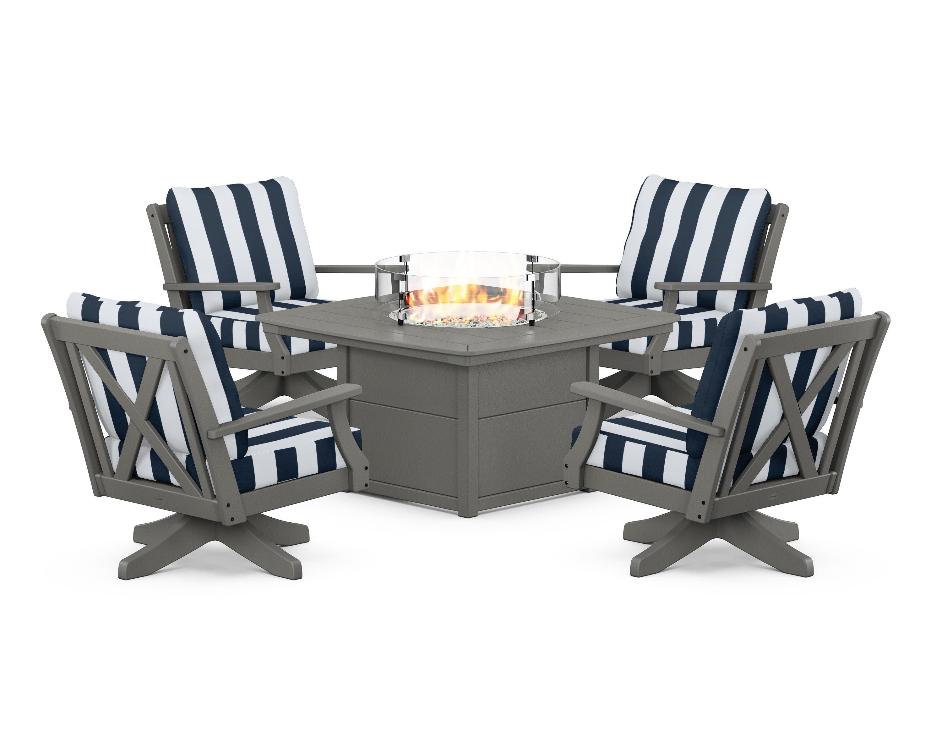 Braxton 5-Piece Deep Seating Swivel Conversation Set with Fire Pit Table in Slate Grey / Cabana Stripe Marine Indigo