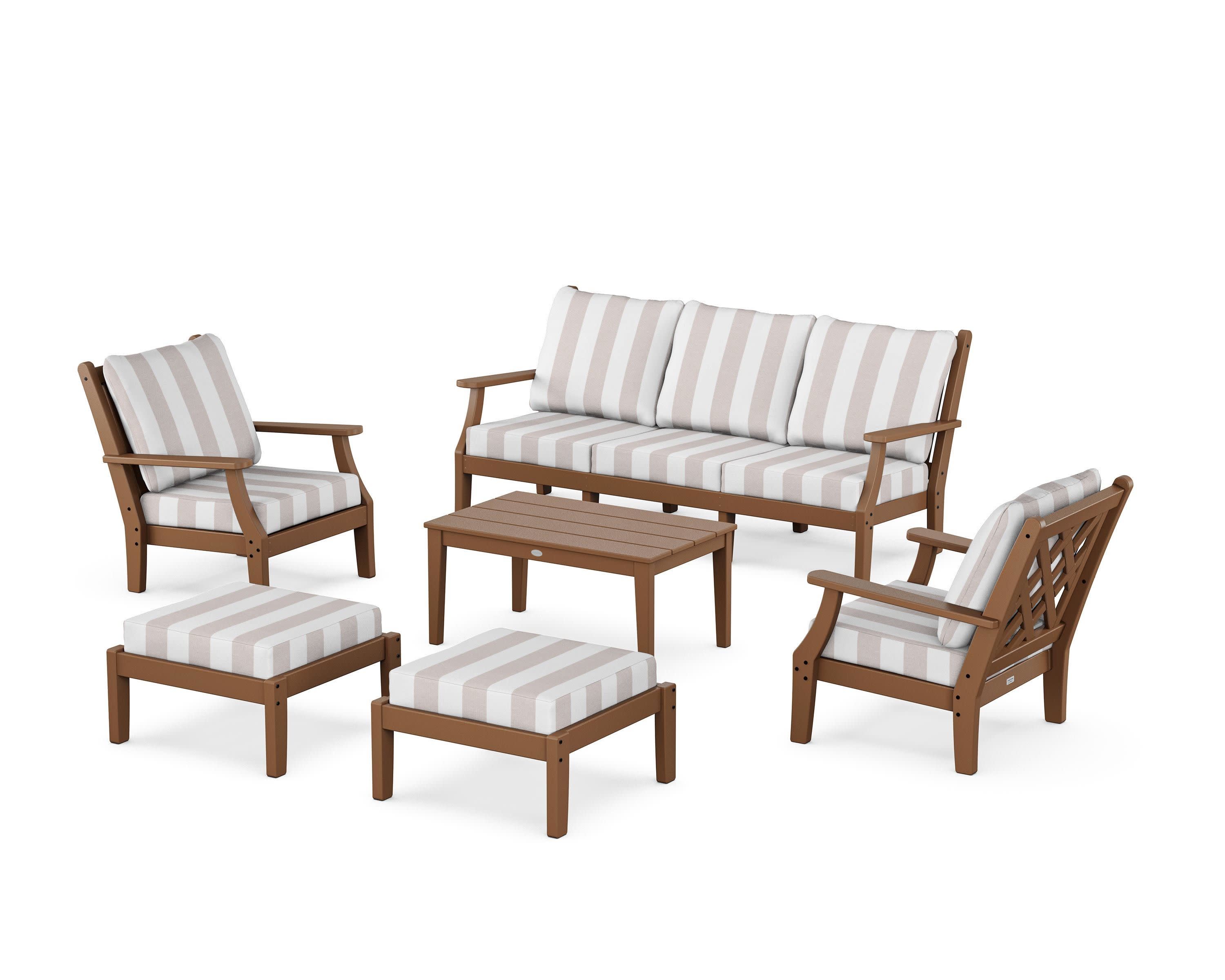 Wovendale 6-Piece Lounge Sofa Set in Teak / Cabana Stripe Dune Burlap
