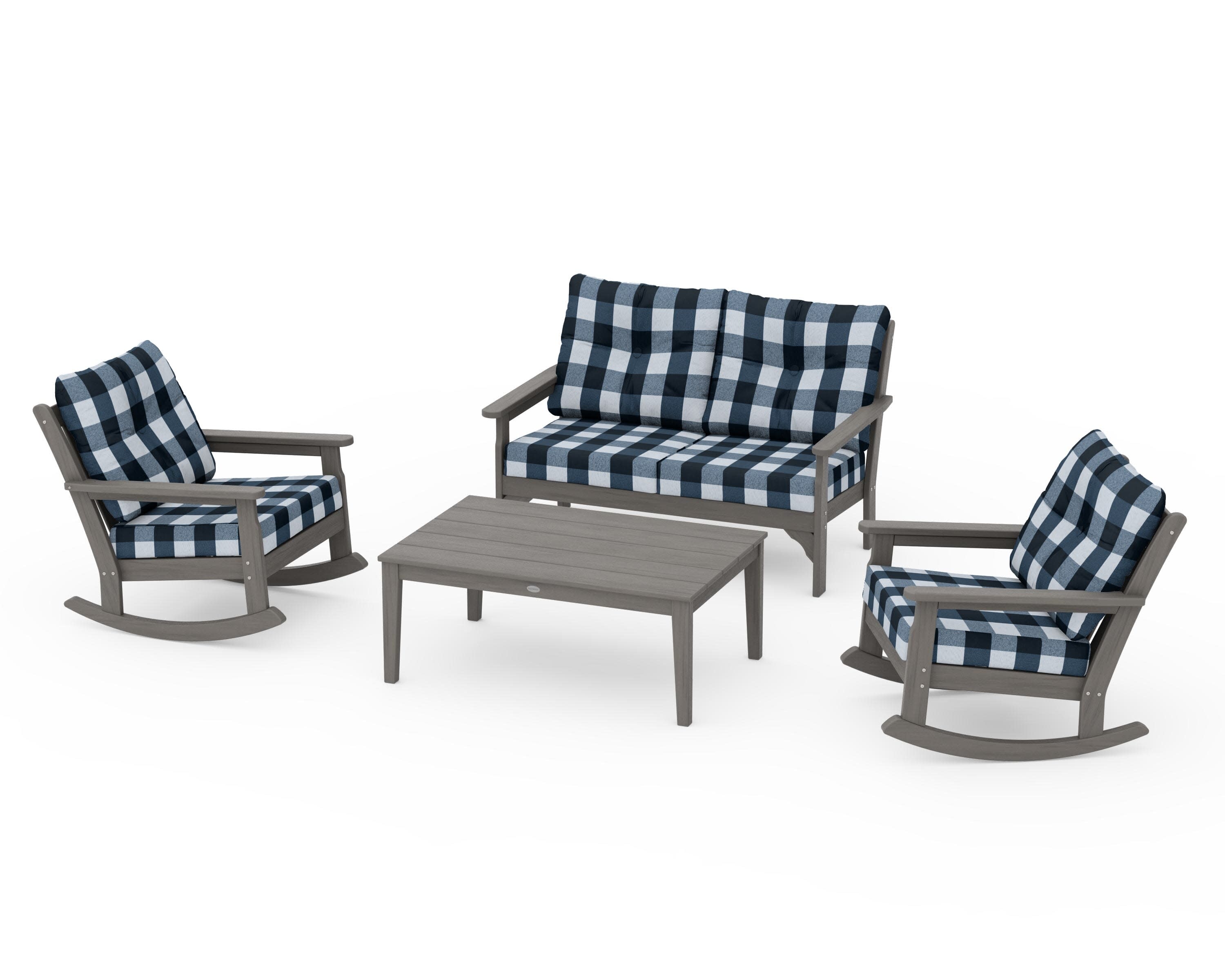 Vineyard 4-Piece Deep Seating Rocking Chair Set in Driftwood / Buffalo Plaid Marine Indigo