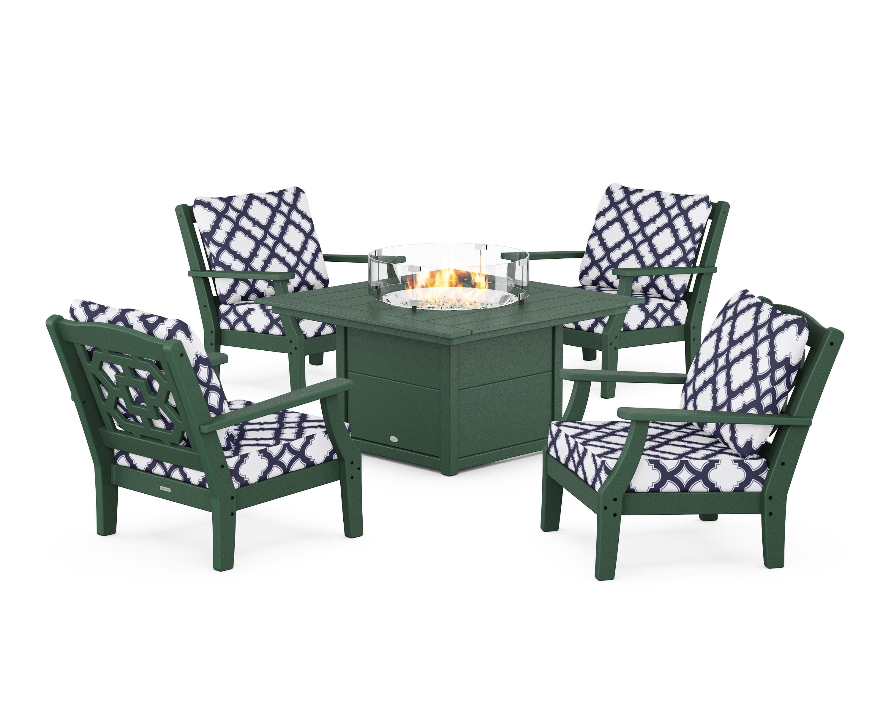 Chinoiserie 5-Piece Deep Seating Set with Fire Pit Table in Green / Trellis Navy