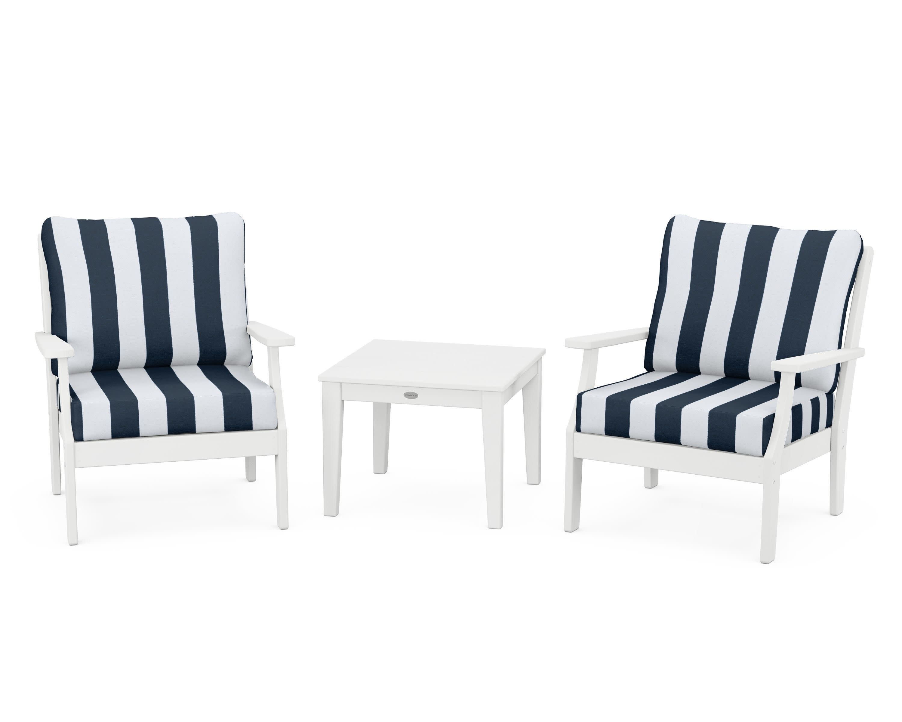 Braxton 3-Piece Deep Seating Set in White / Cabana Stripe Marine Indigo