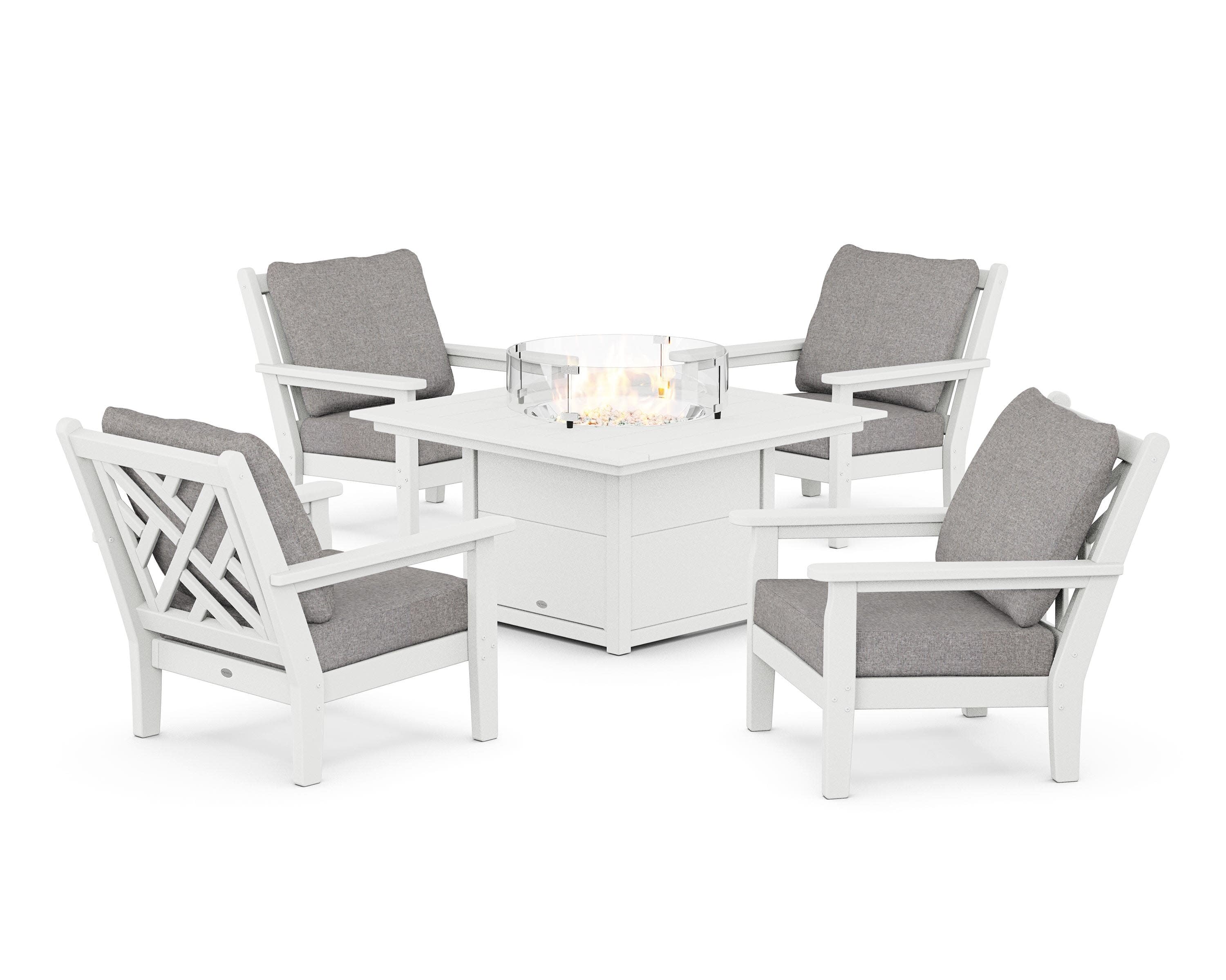 Chippendale 5-Piece Deep Seating Set with Fire Pit Table in White / Grey Mist