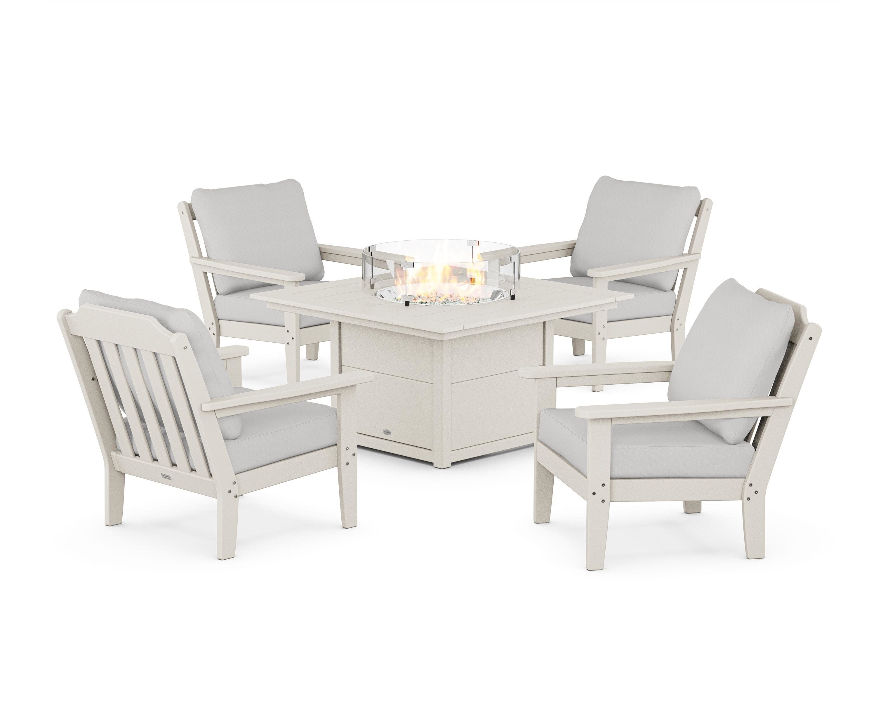 Cottage 5-Piece Deep Seating Set with Fire Pit Table in Sand / Diamond in the Rough