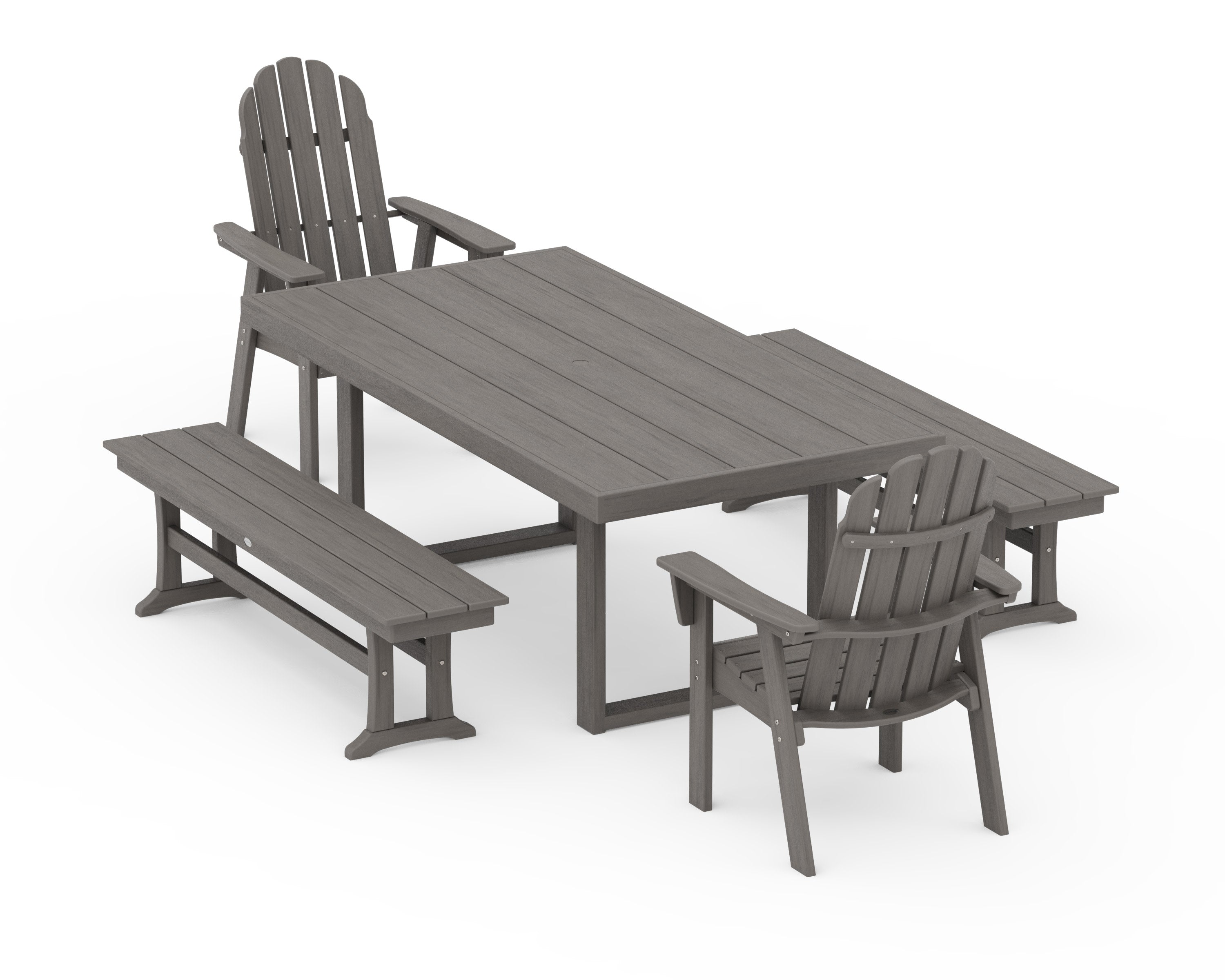 Vineyard Adirondack 5-Piece Dining Set with Benches in Driftwood