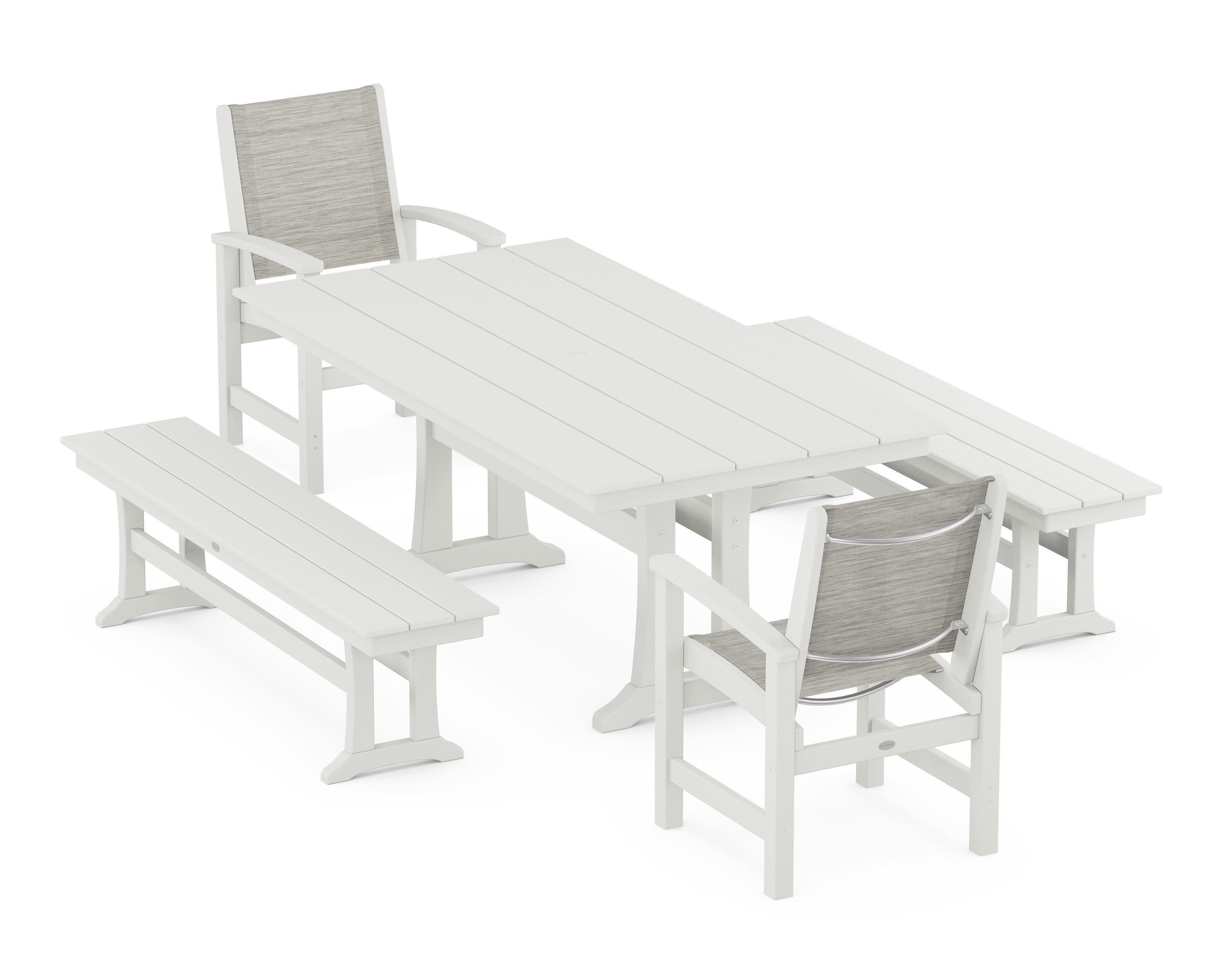 Coastal 5-Piece Farmhouse Dining Set with Trestle Legs and Benches in Vintage White / Birch Sling