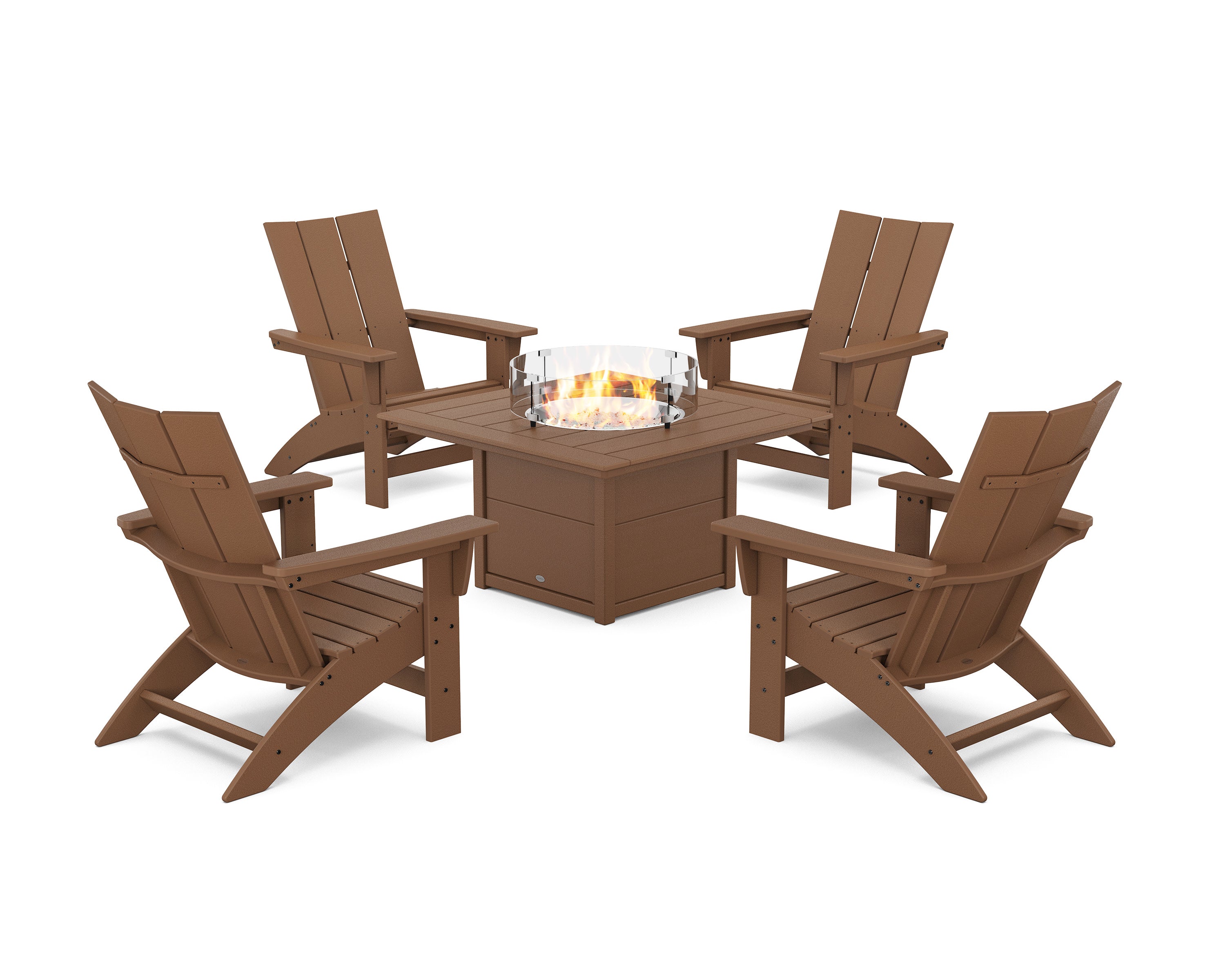 5-Piece Modern Grand Adirondack Conversation Set with Fire Pit Table in Teak