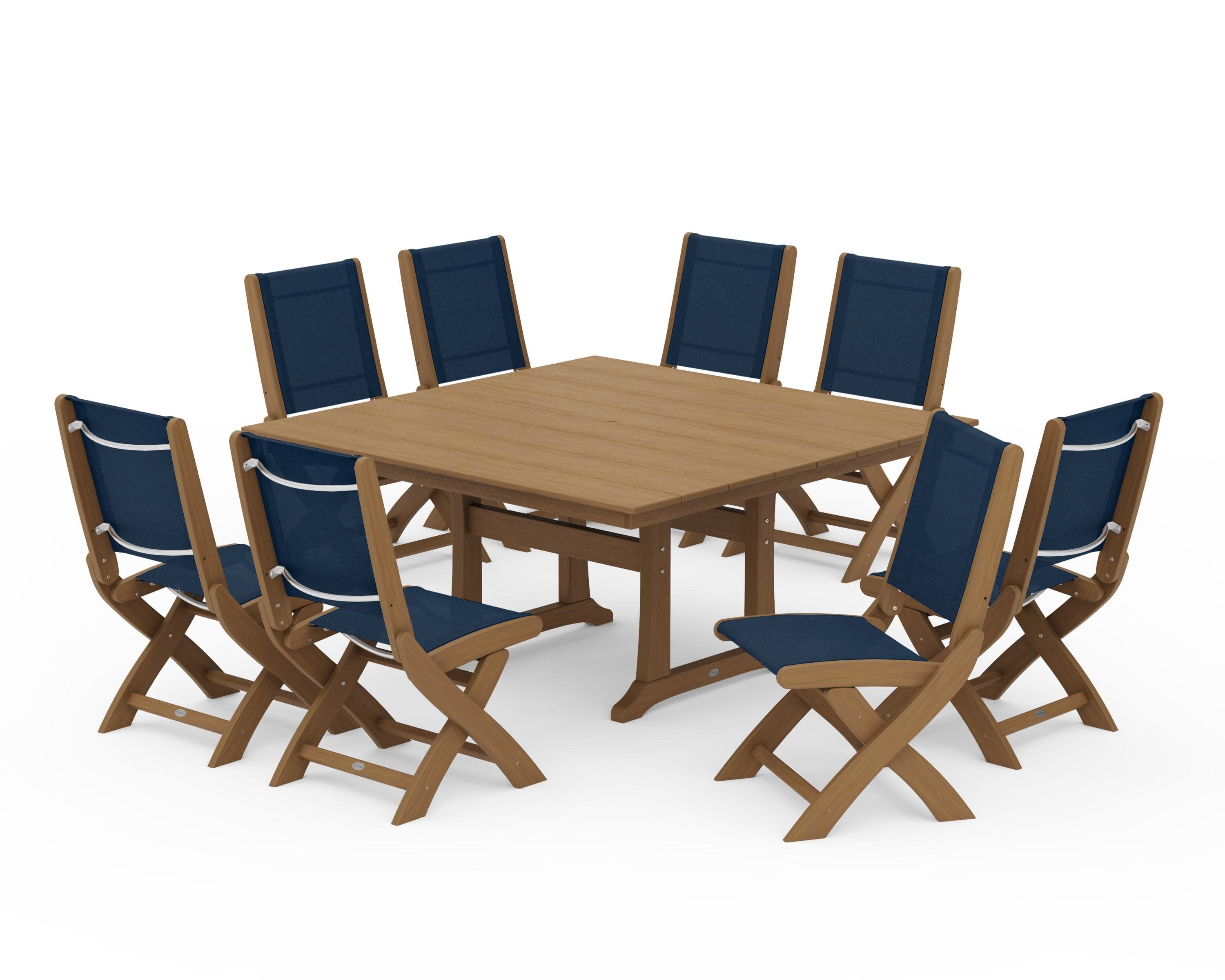 Coastal Folding Side Chair 9-Piece Farmhouse Dining Set in Natural / Navy Blue Sling