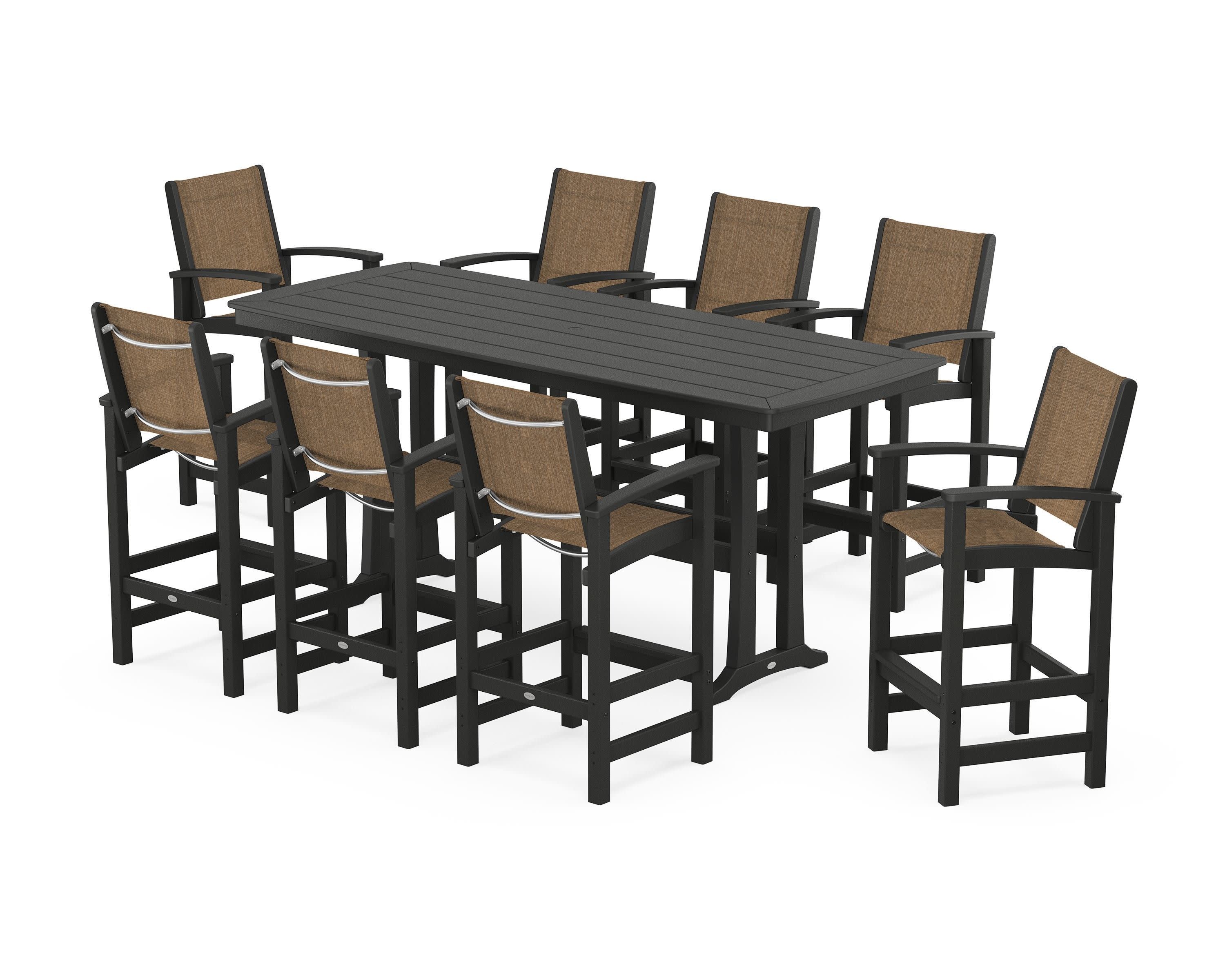 Coastal 9-Piece Bar Set with Trestle Legs in Black / Burlap Sling