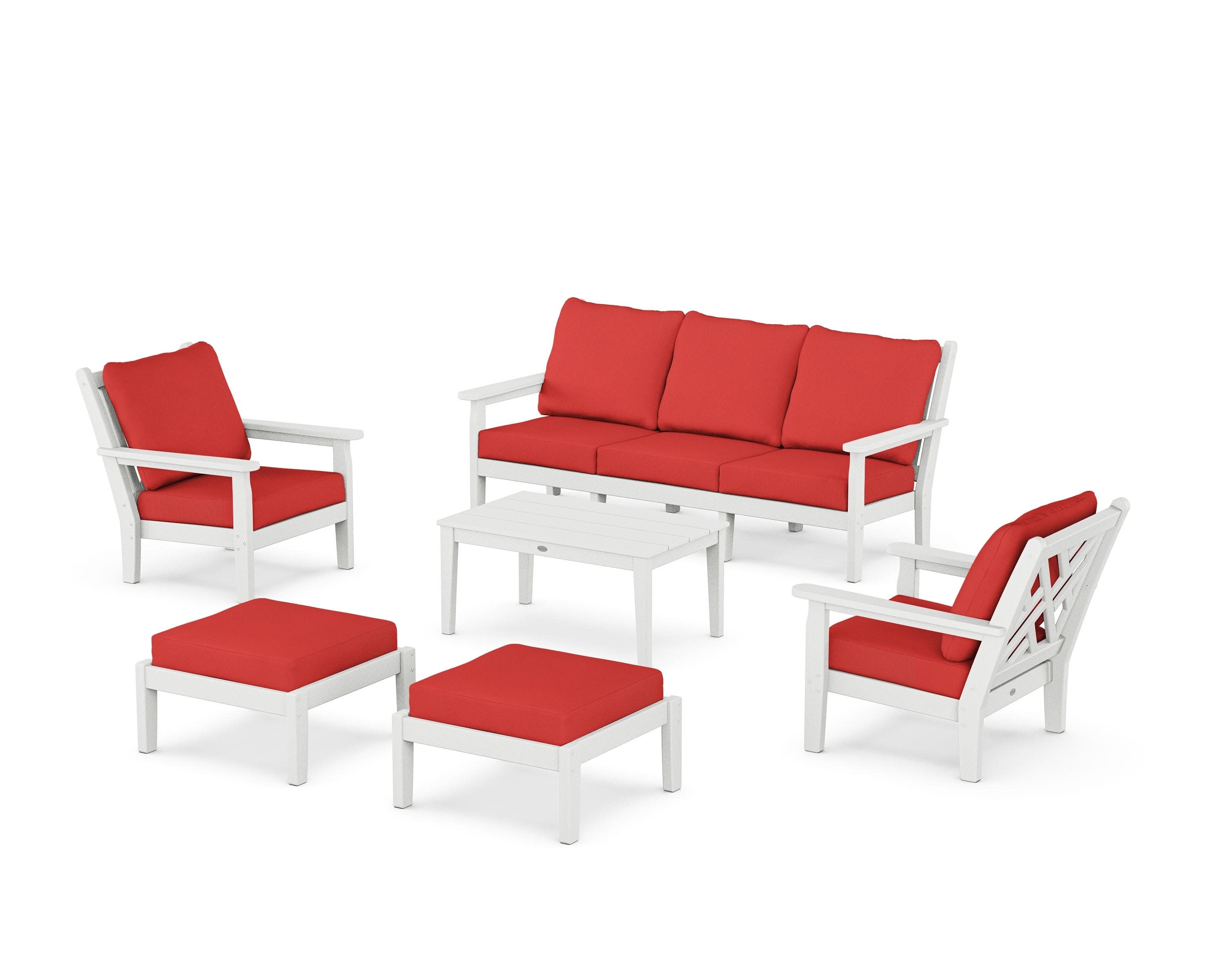 Chippendale 6-Piece Lounge Sofa Set in White / Crimson Linen