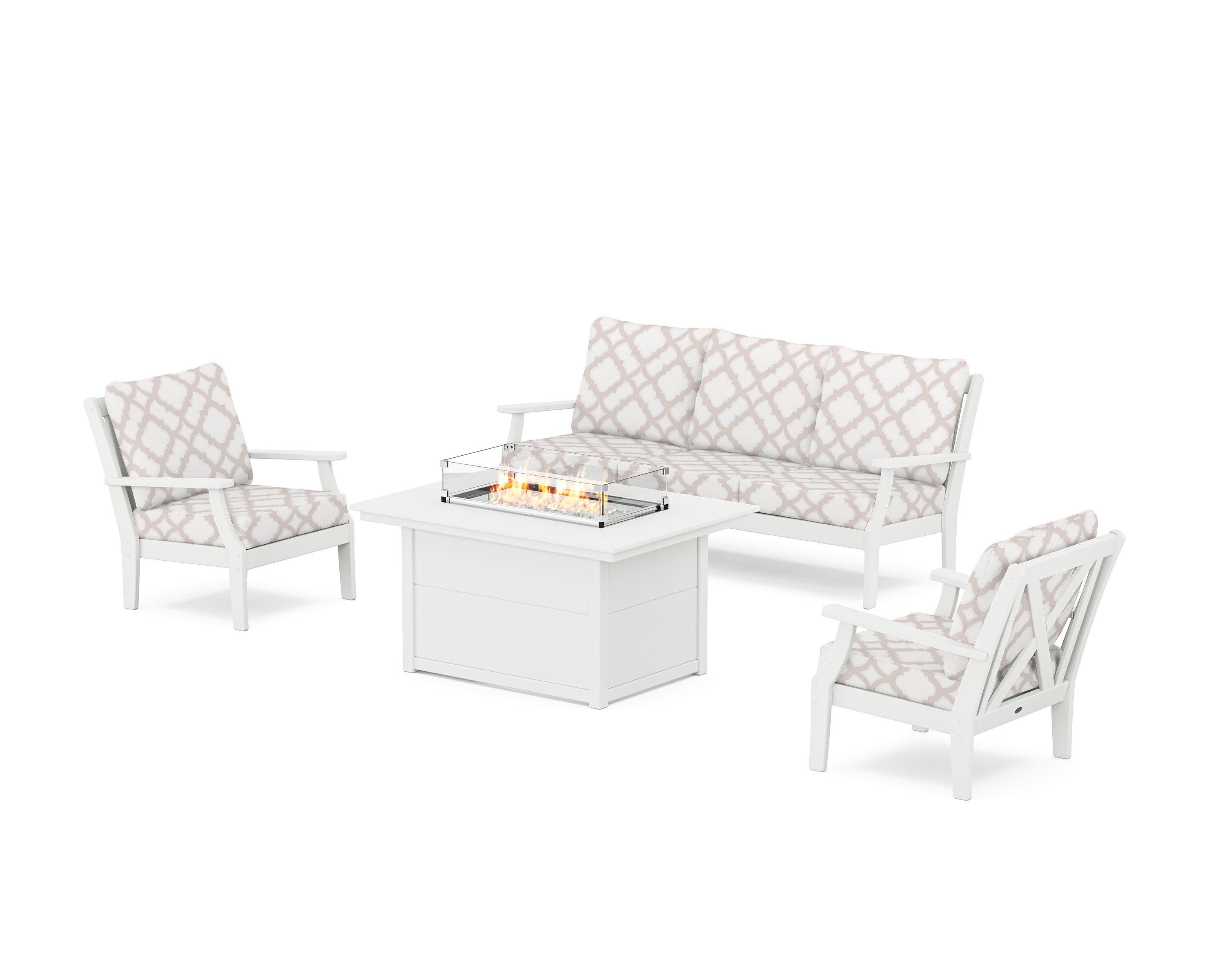 Braxton Deep Seating Fire Pit Table Set in White / Trellis Dune Burlap