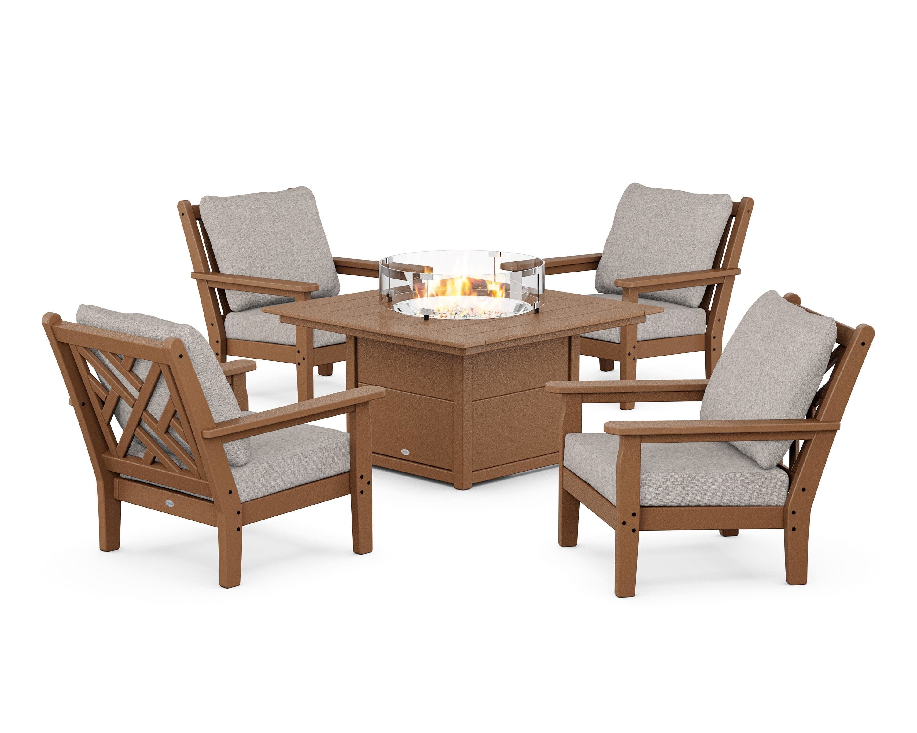 Chippendale 5-Piece Deep Seating Set with Fire Pit Table in Teak / Weathered Tweed