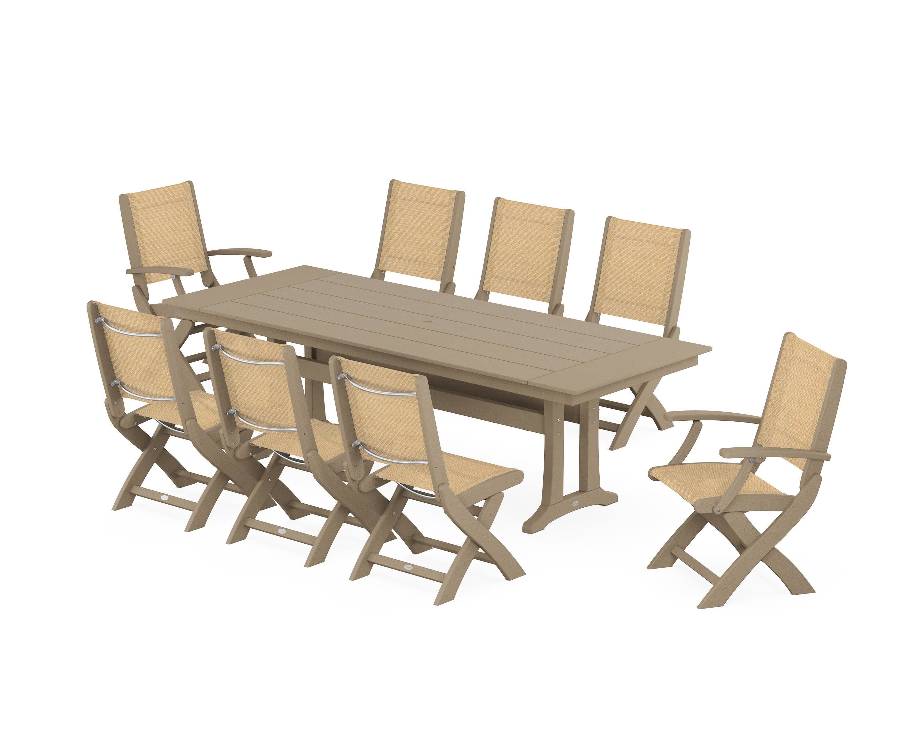 Coastal 9-Piece Folding Dining Chair Farmhouse Dining Set with Trestle Legs in Vintage Sahara / Dupioni Apricot Sling