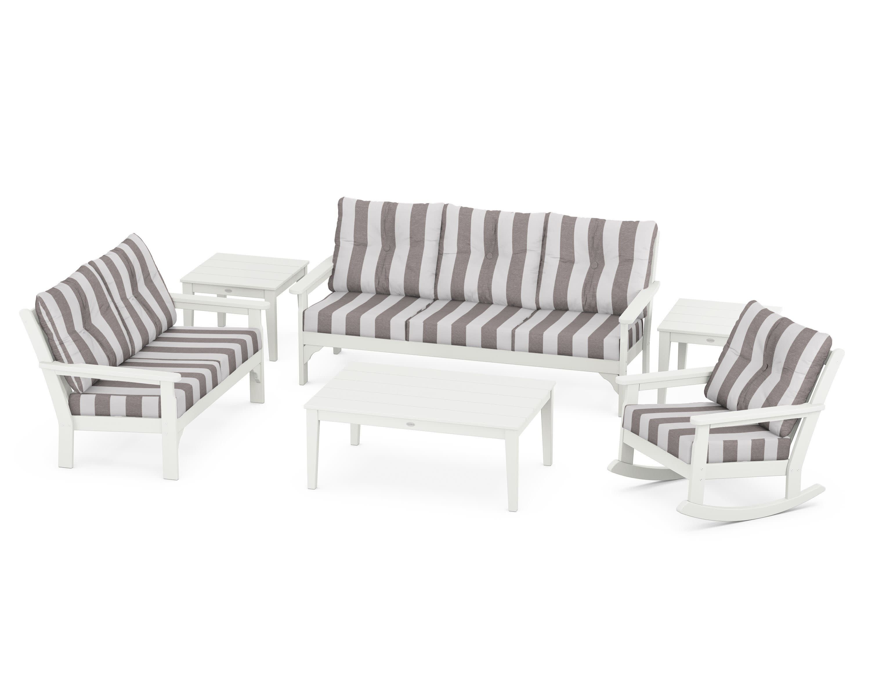Vineyard 6-Piece Deep Seating Set in Vintage White / Cabana Stripe Grey Mist