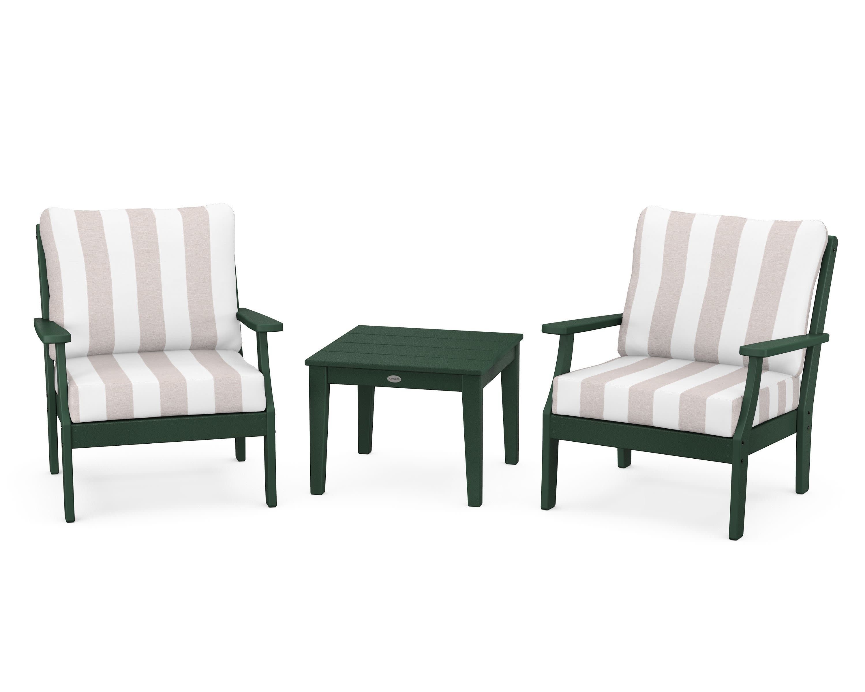 Braxton 3-Piece Deep Seating Set in Green / Cabana Stripe Dune Burlap