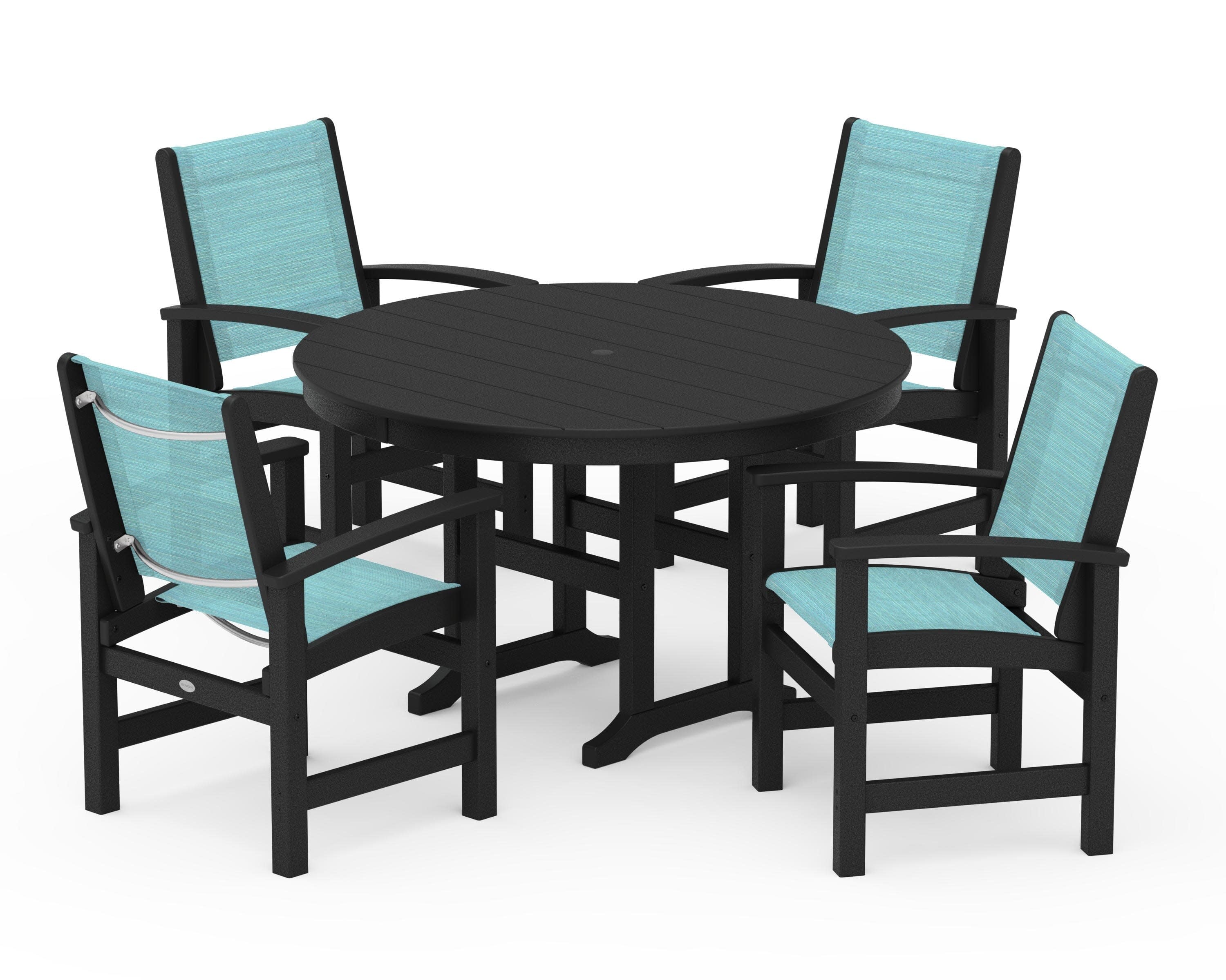 Coastal 5-Piece Round Farmhouse Dining Set in Black / Dupioni Aquamarine Sling