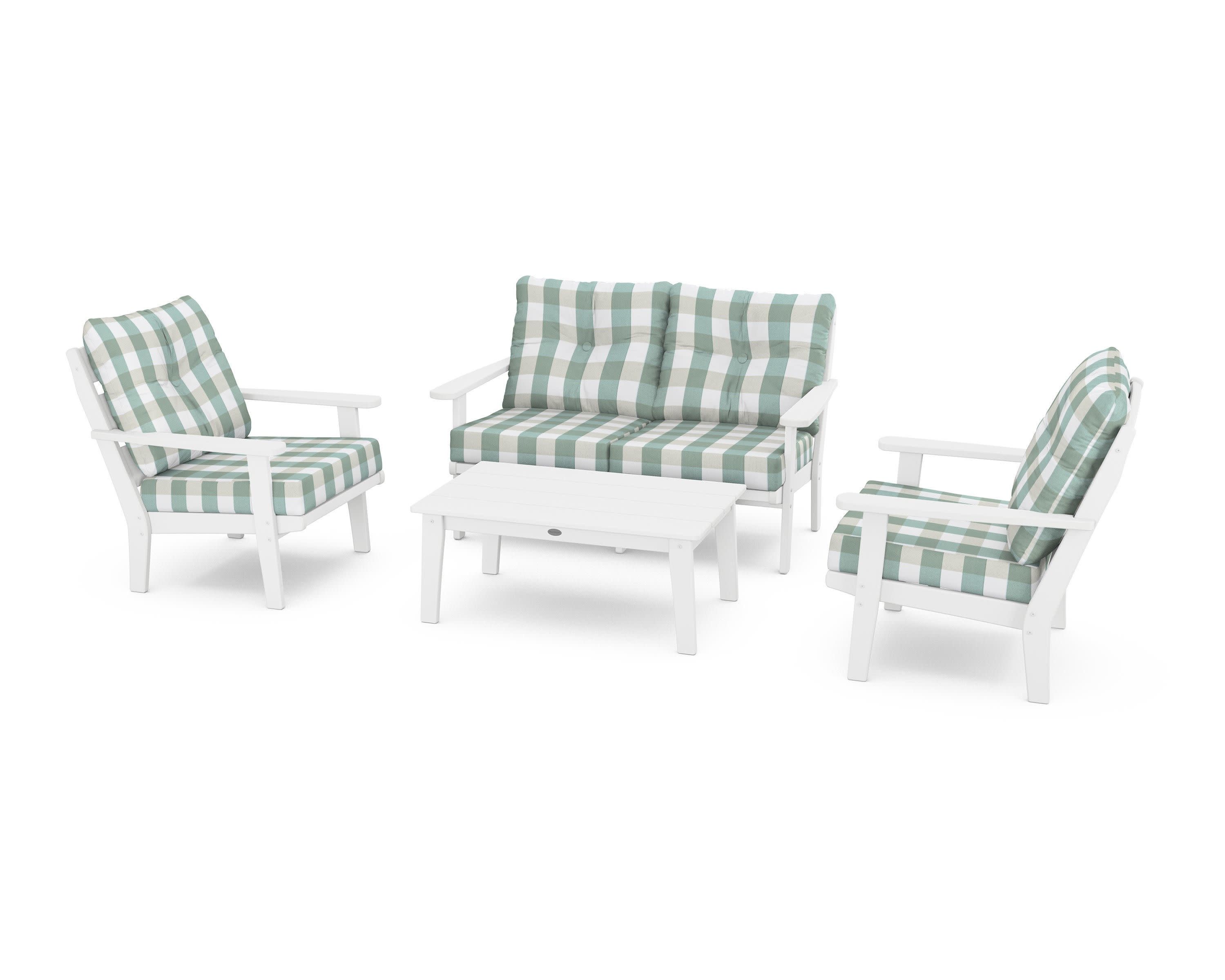 Lakeside 4-Piece Deep Seating Set in White / Buffalo Plaid Glacier Spa