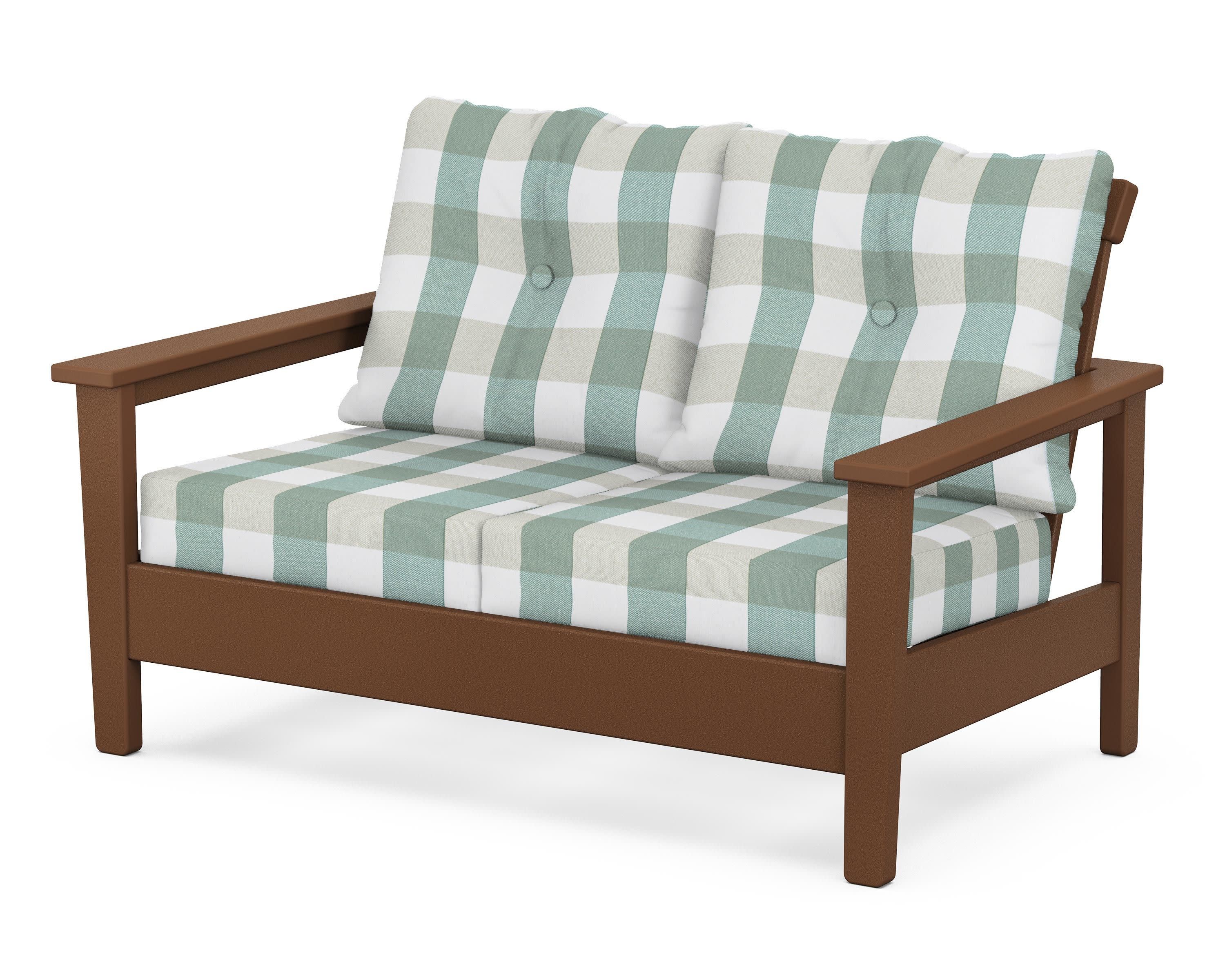 Prescott Deep Seating Loveseat in Teak / Buffalo Plaid Glacier Spa