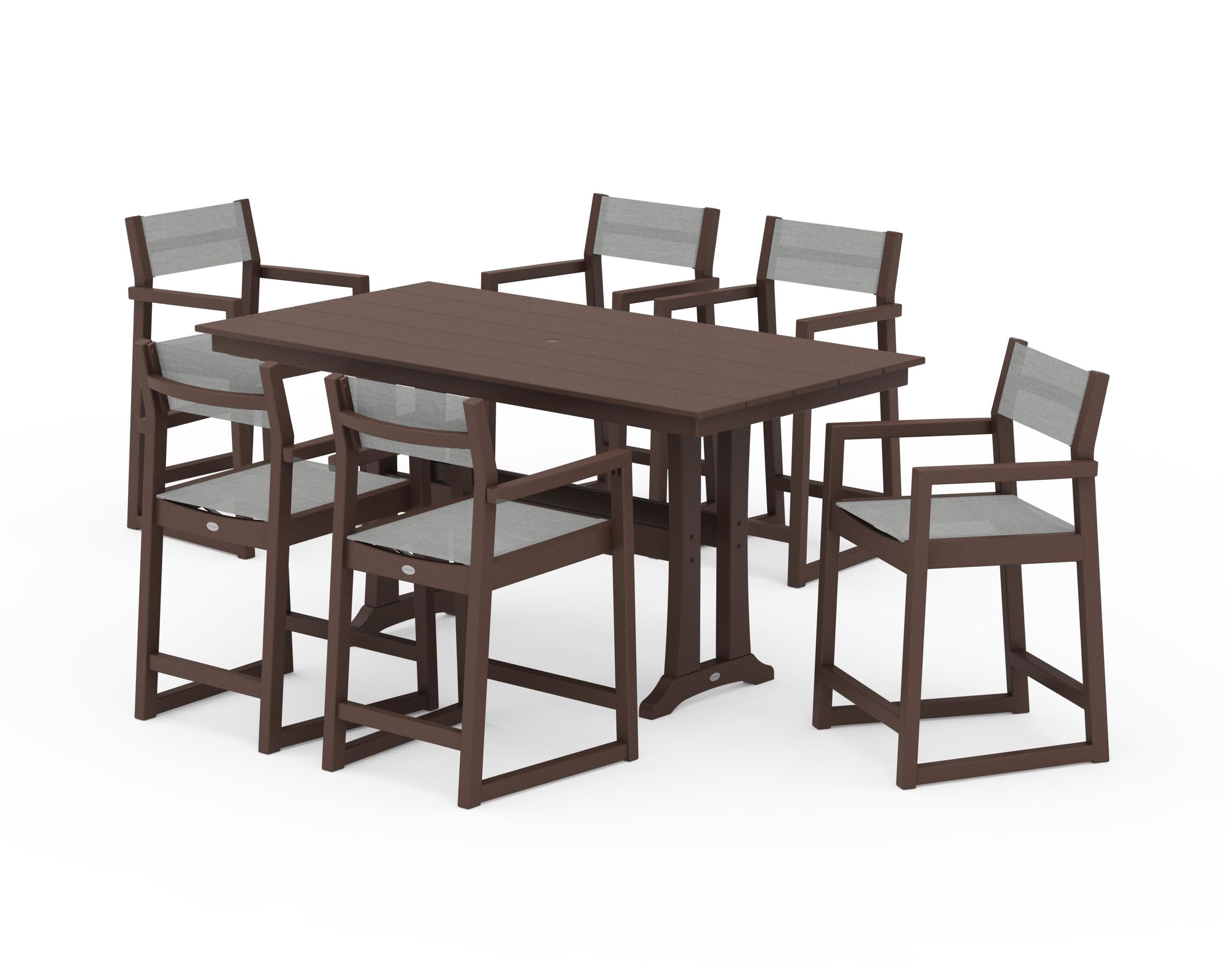 EDGE Sling Arm Chair 7-Piece Farmhouse Counter Set with Trestle Legs in Mahogany / Metallic Sling