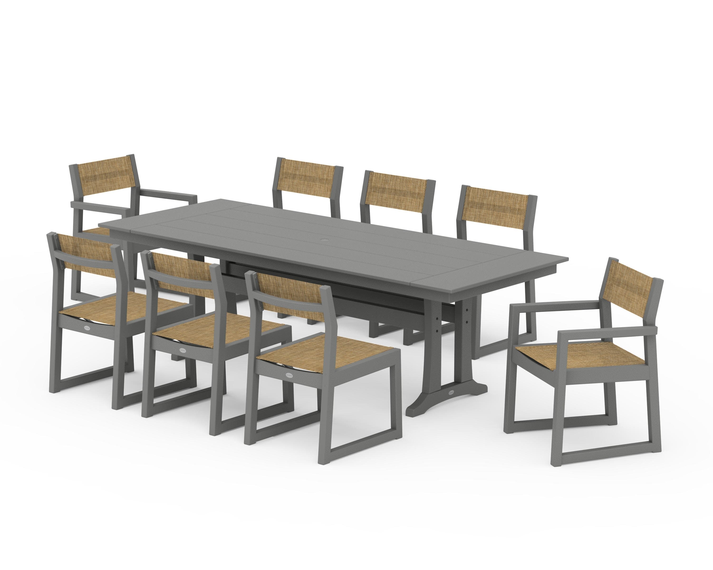 EDGE Sling 9-Piece Farmhouse Trestle Dining Set in Slate Grey / Burlap Sling