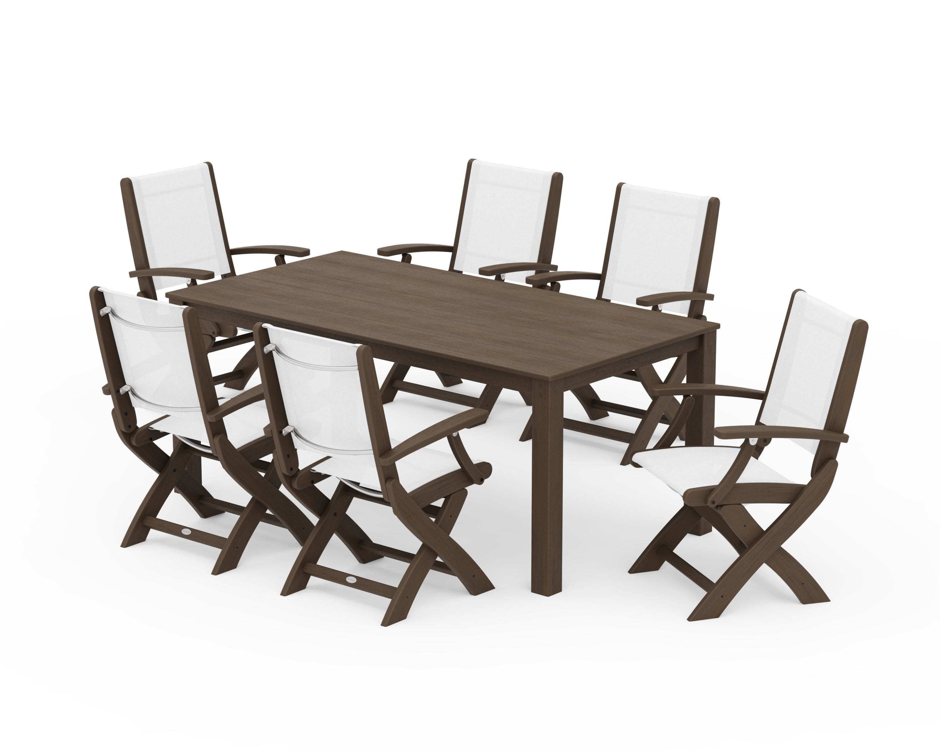 Coastal Folding Chair 7-Piece Parsons Dining Set in Kona / White Sling