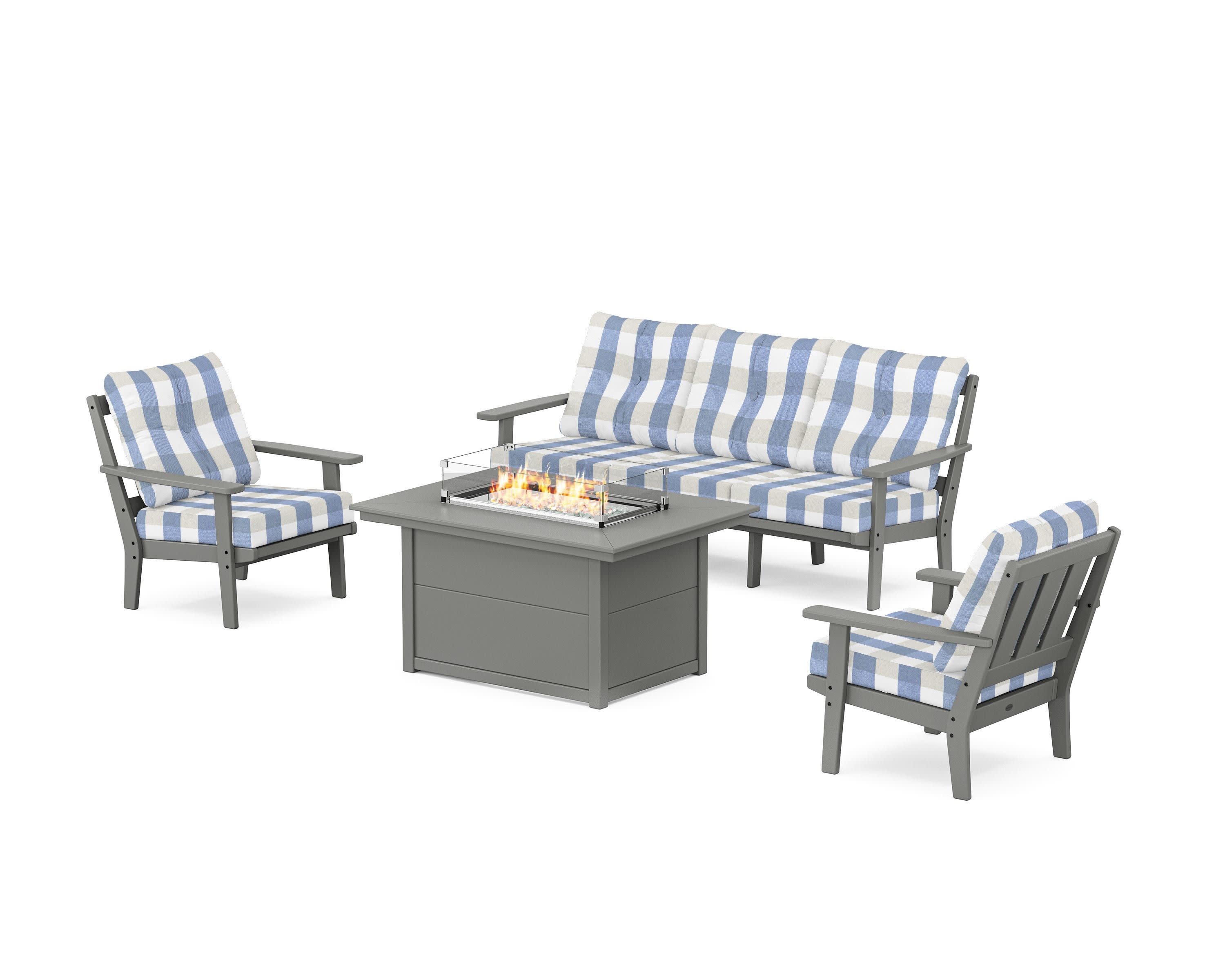 Oxford Deep Seating Fire Pit Table Set in Slate Grey / Buffalo Plaid Sky Blue