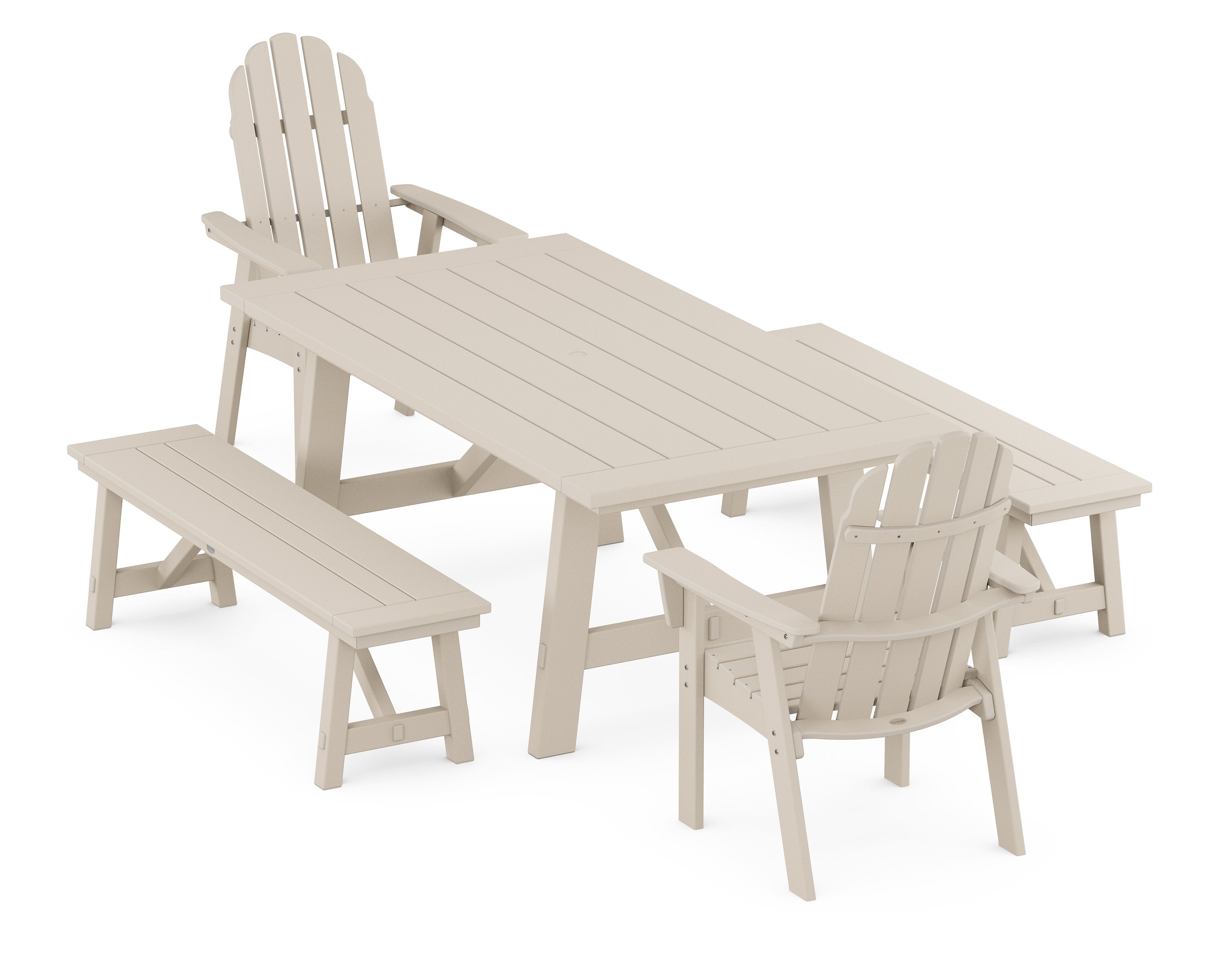 Vineyard Curveback Adirondack 5-Piece Rustic Farmhouse Dining Set With Benches in Sand