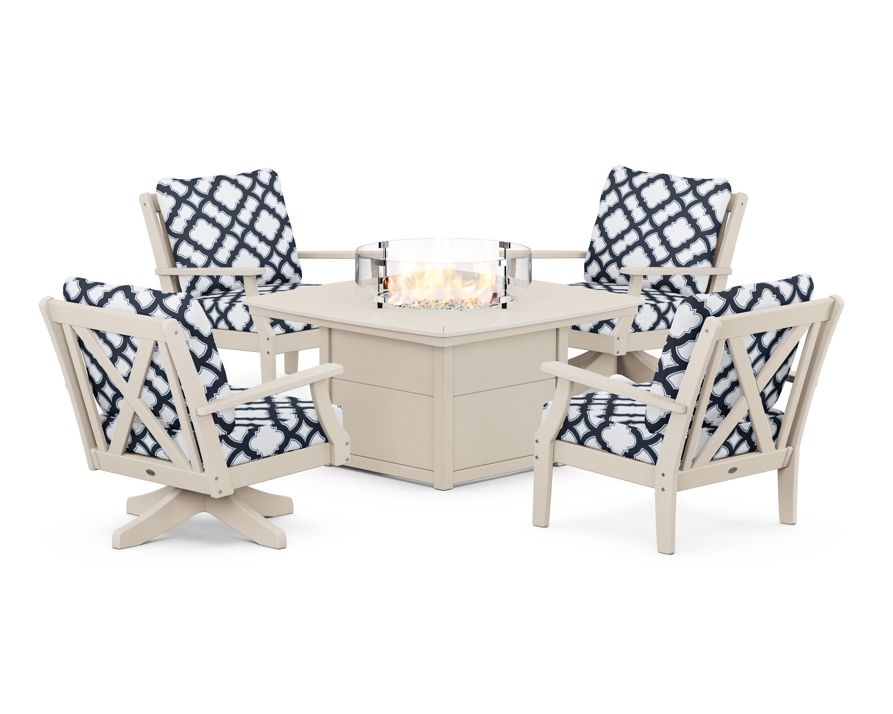Braxton 5-Piece Deep Seating Set with Fire Table in Sand / Trellis Marine Indigo