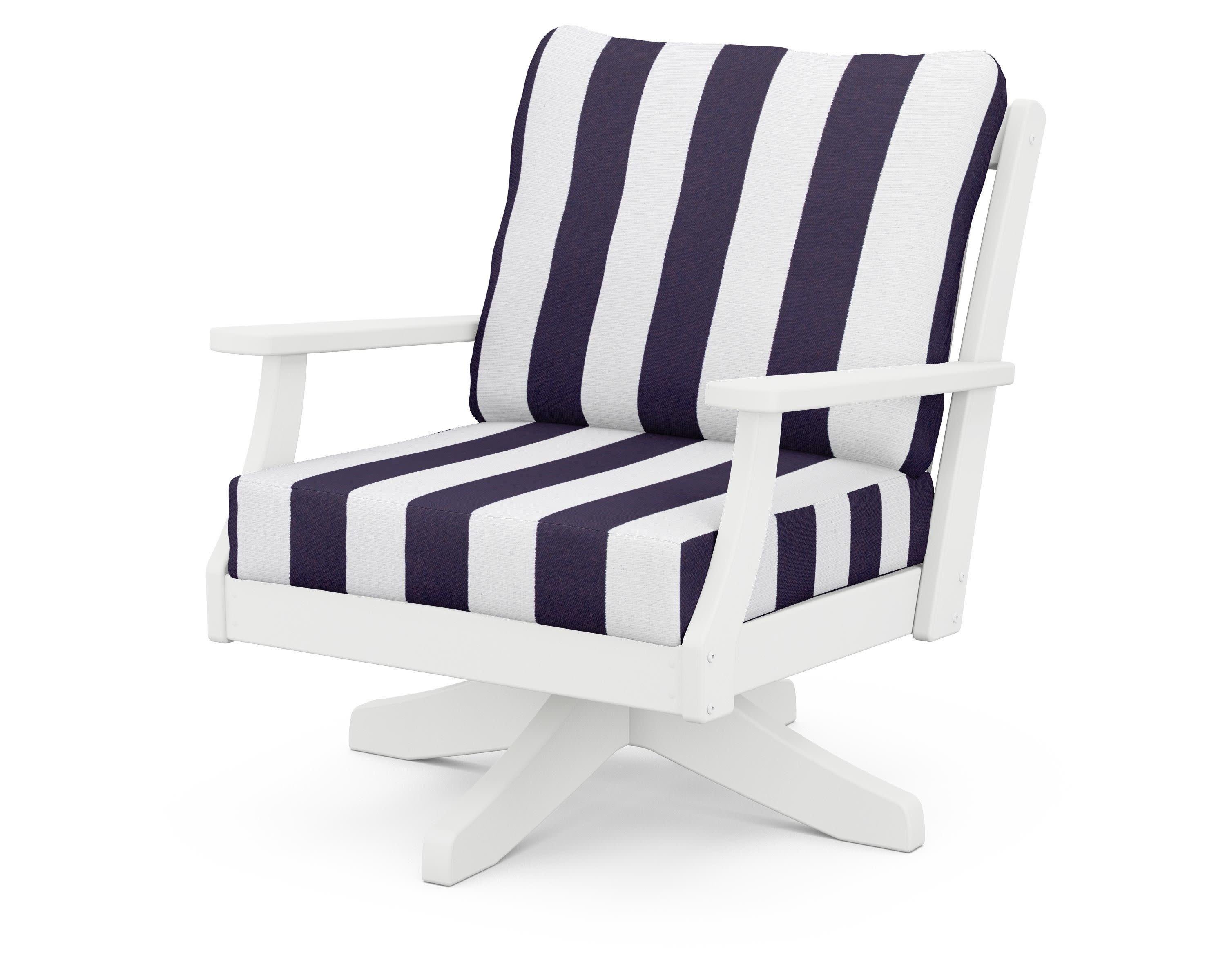 Braxton Deep Seating Swivel Chair in White / Cabana Stripe Navy