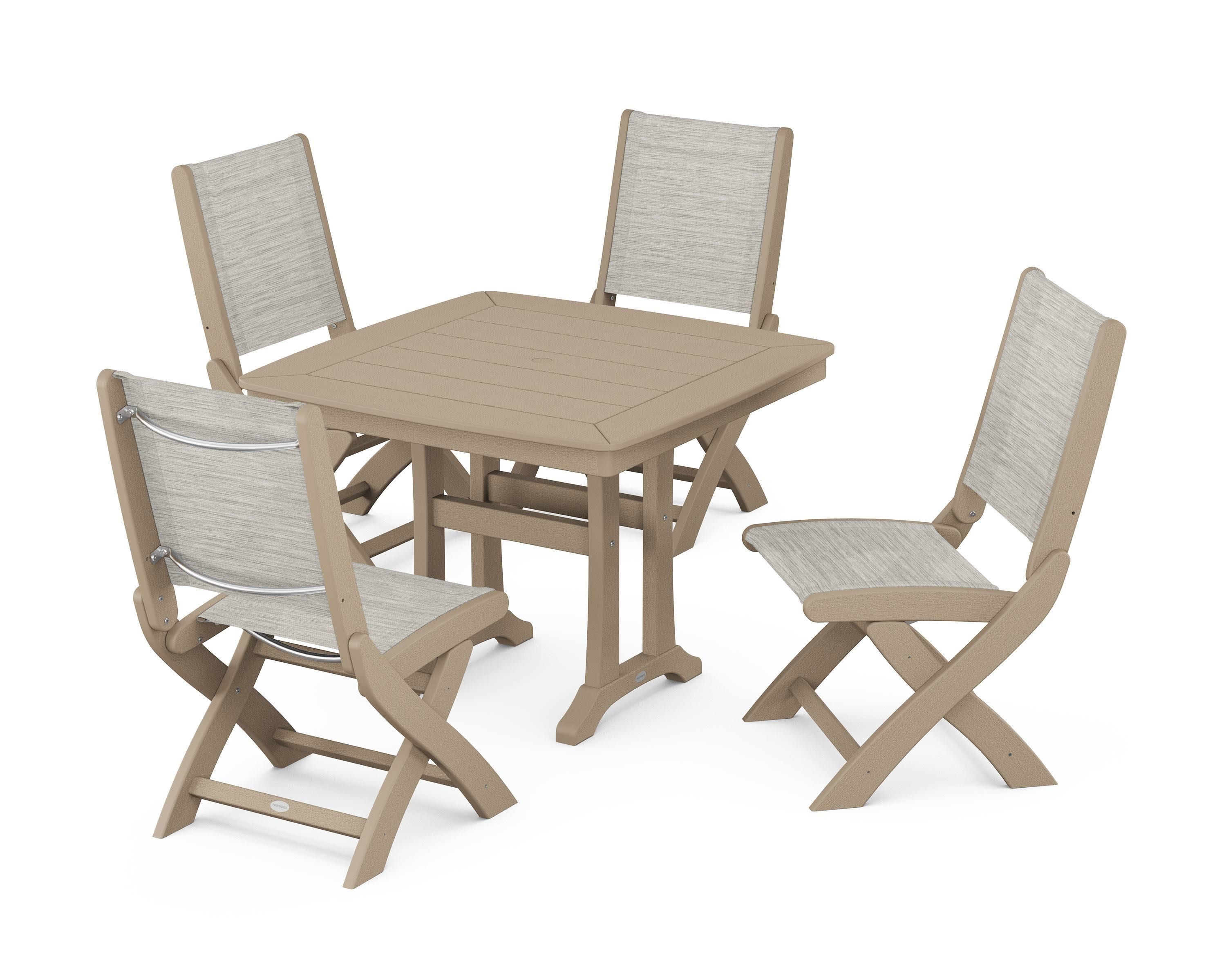 Coastal Folding Side Chair 5-Piece Dining Set with Trestle Legs in Vintage Sahara / Birch Sling