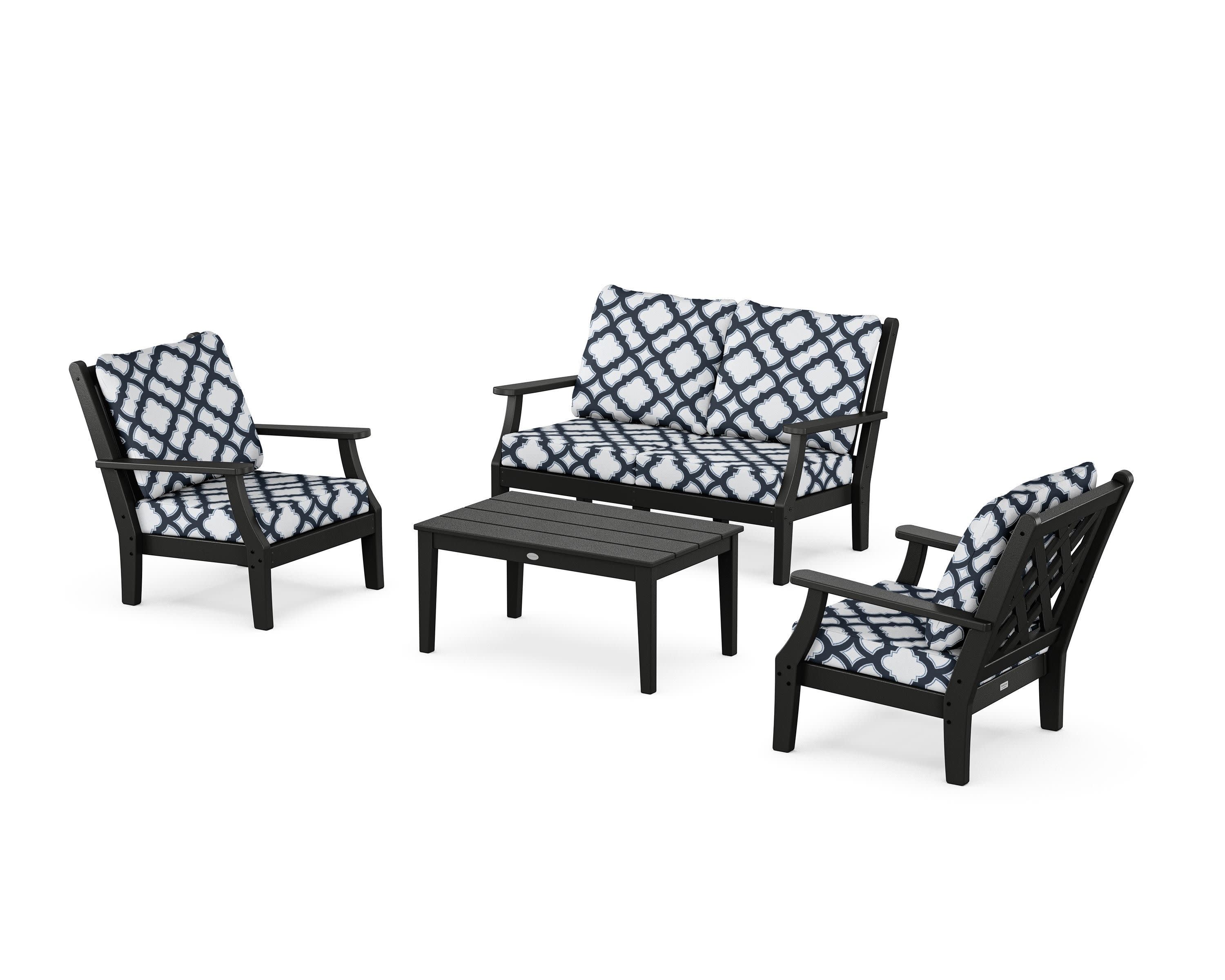 Wovendale 4-Piece Deep Seating Set with Loveseat in Black / Trellis Marine Indigo