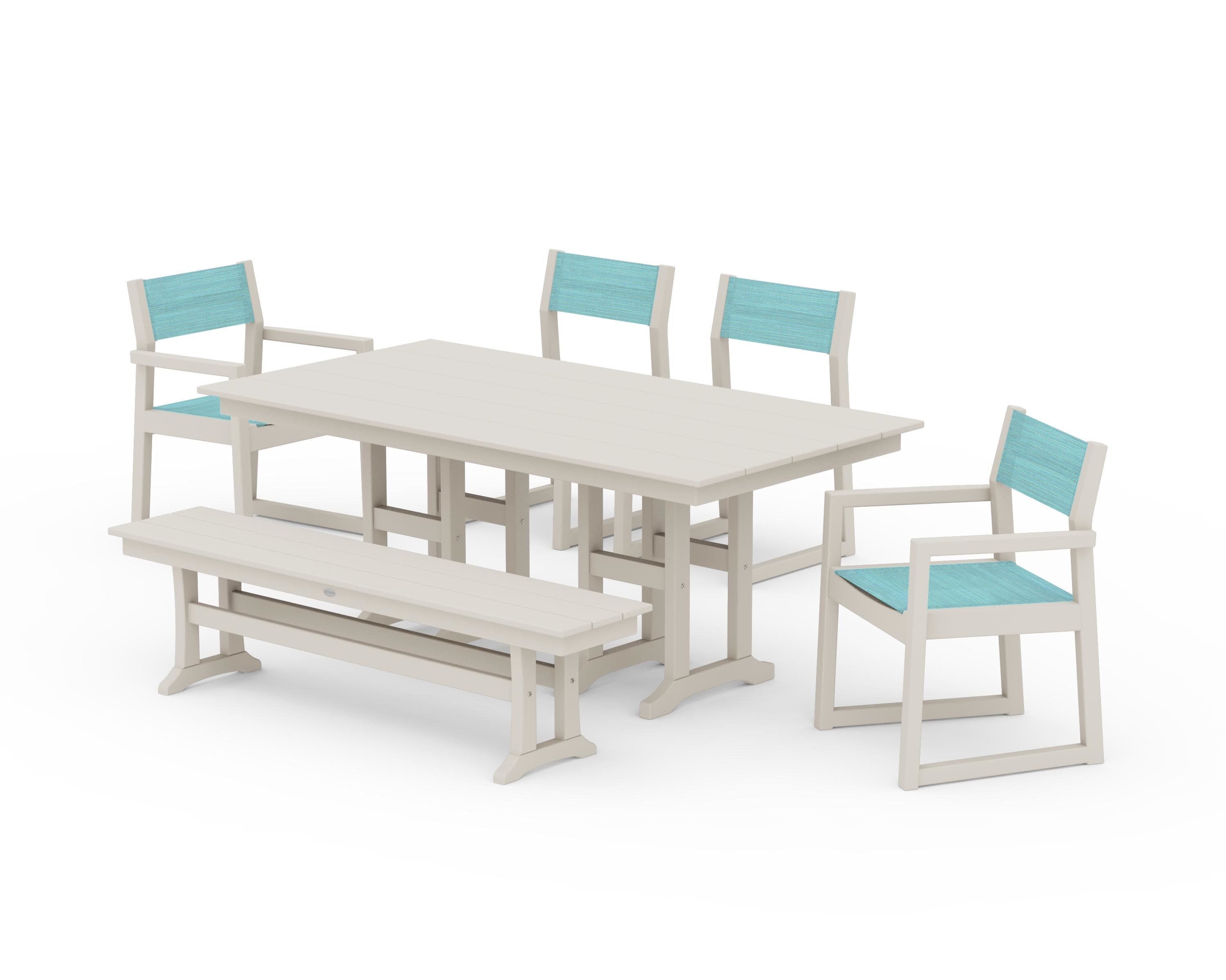 EDGE Sling 6-Piece Farmhouse Dining Set in Sand / Dupioni Aquamarine Sling