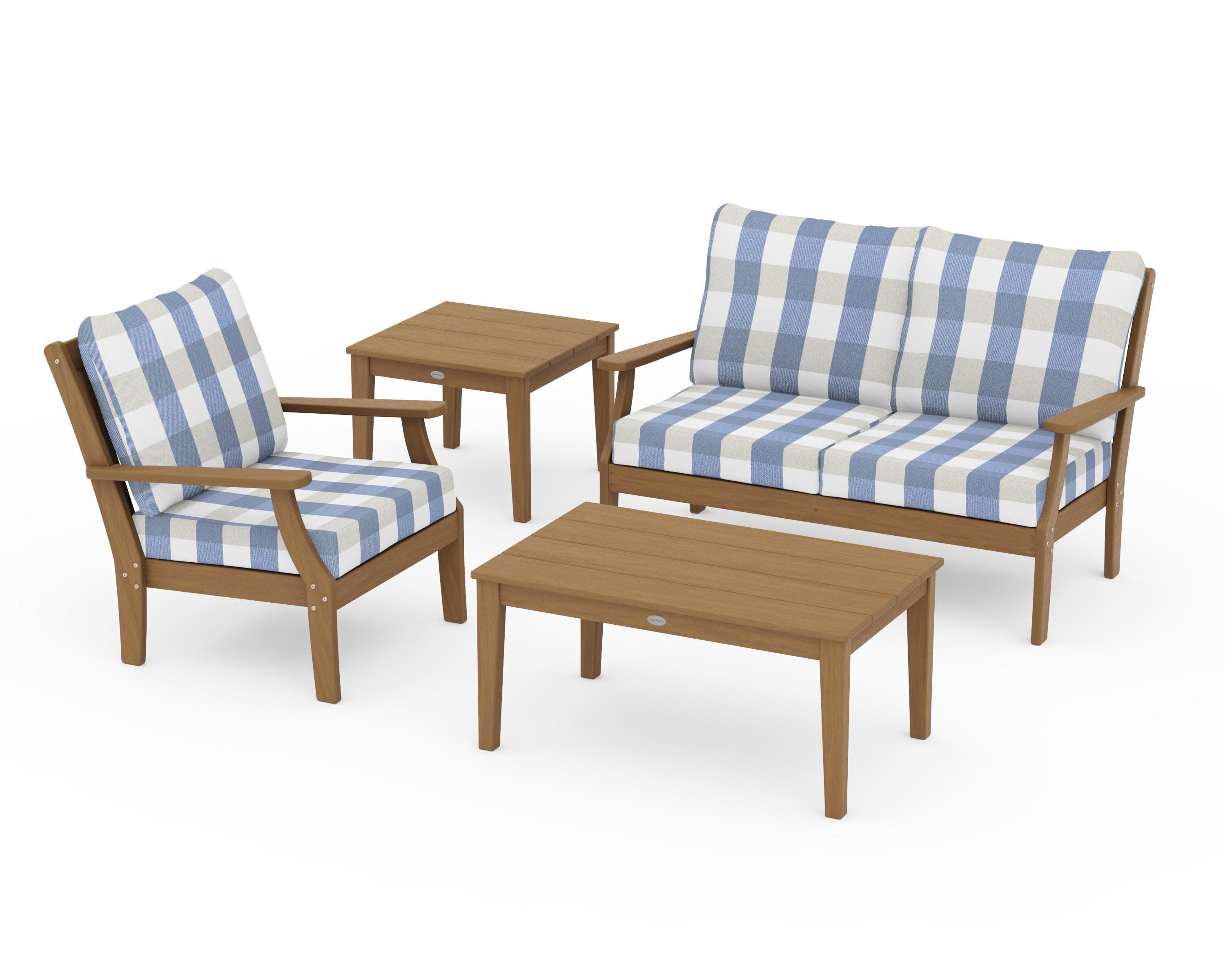 Braxton 4-Piece Deep Seating Set in Natural / Buffalo Plaid Sky Blue