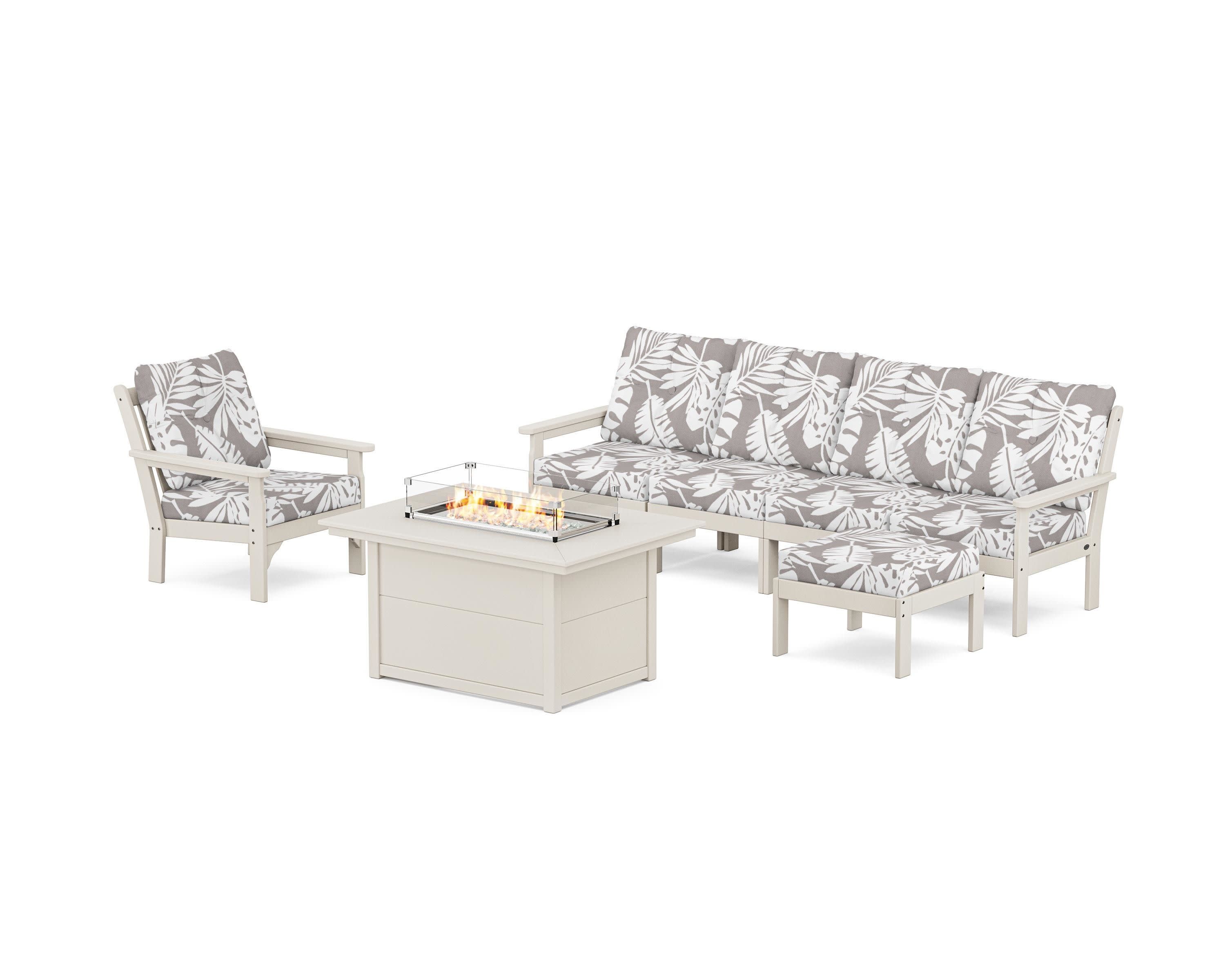 Vineyard Sectional Lounge and Fire Pit Set in Sand / Leaf Grey Mist