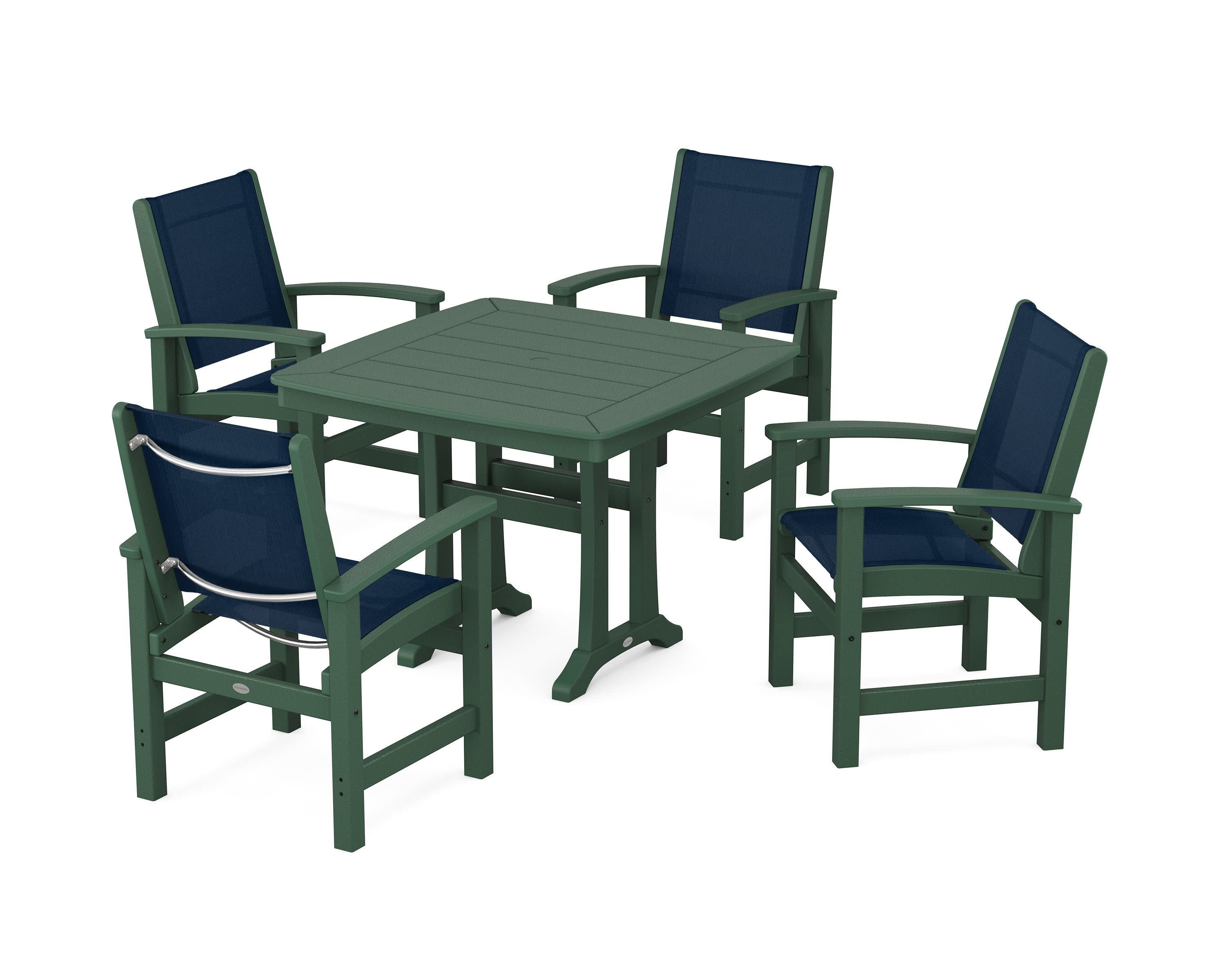 Coastal 5-Piece Dining Set with Trestle Legs in Green / Navy Blue Sling