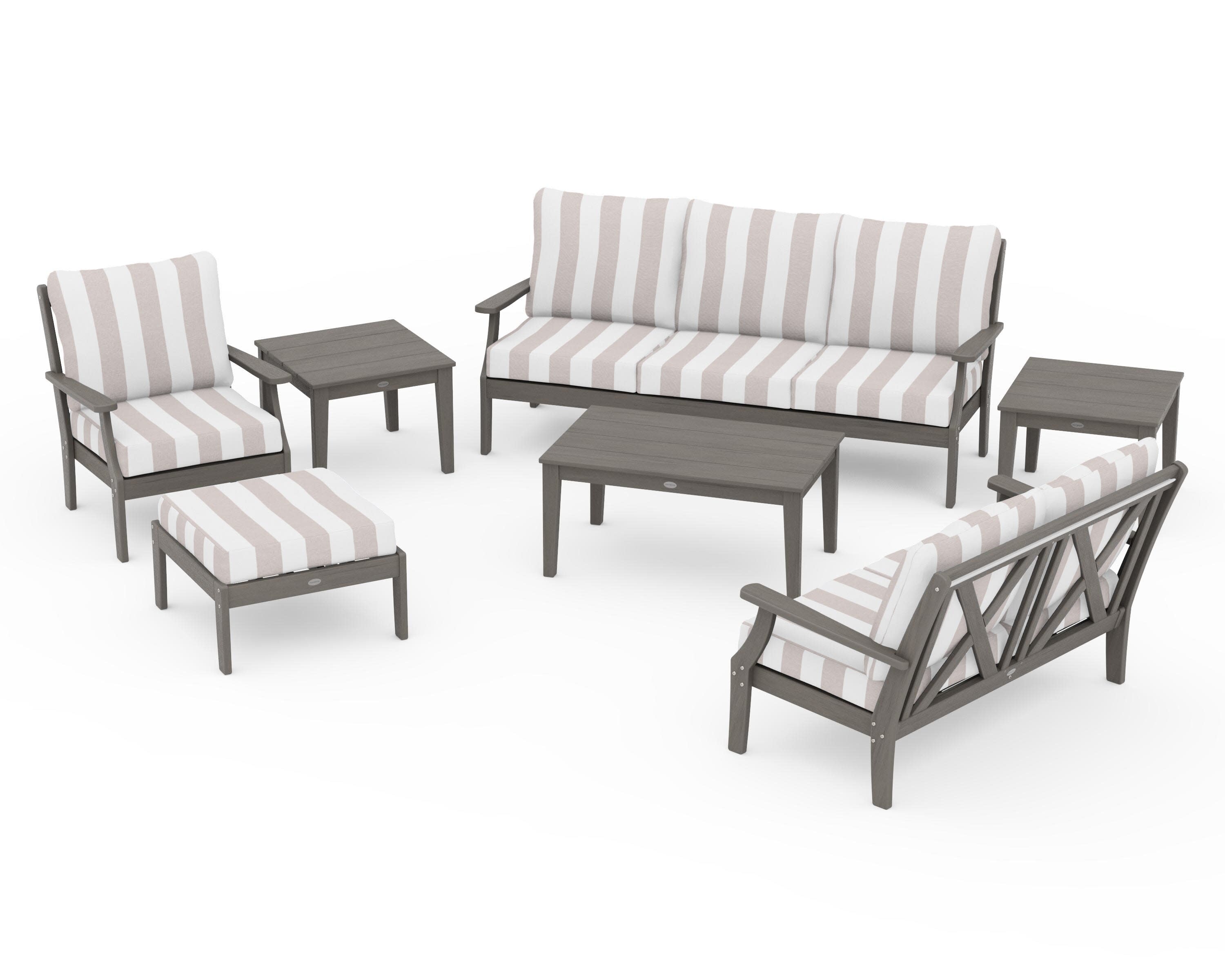 Braxton 7-Piece Deep Seating Set in Driftwood / Cabana Stripe Dune Burlap