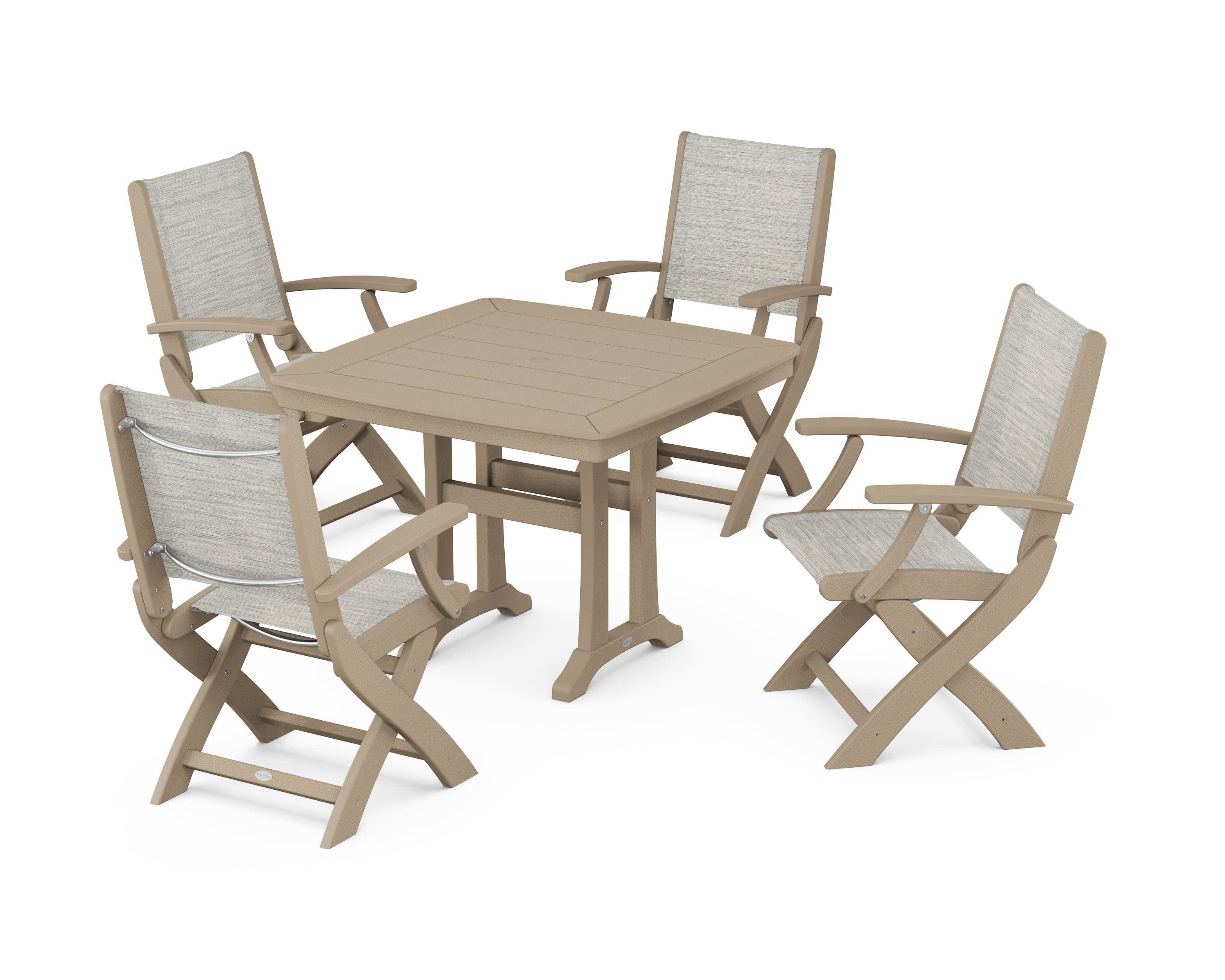 Coastal Folding Chair 5-Piece Dining Set with Trestle Legs in Vintage Sahara / Birch Sling