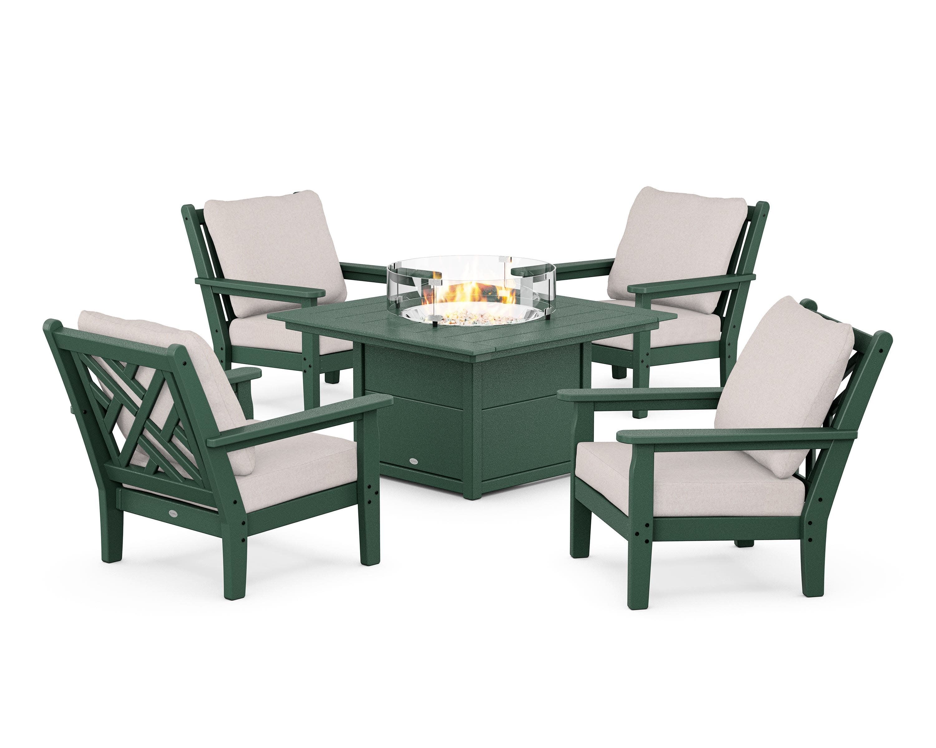 Chippendale 5-Piece Deep Seating Set with Fire Pit Table in Green / Dune Burlap