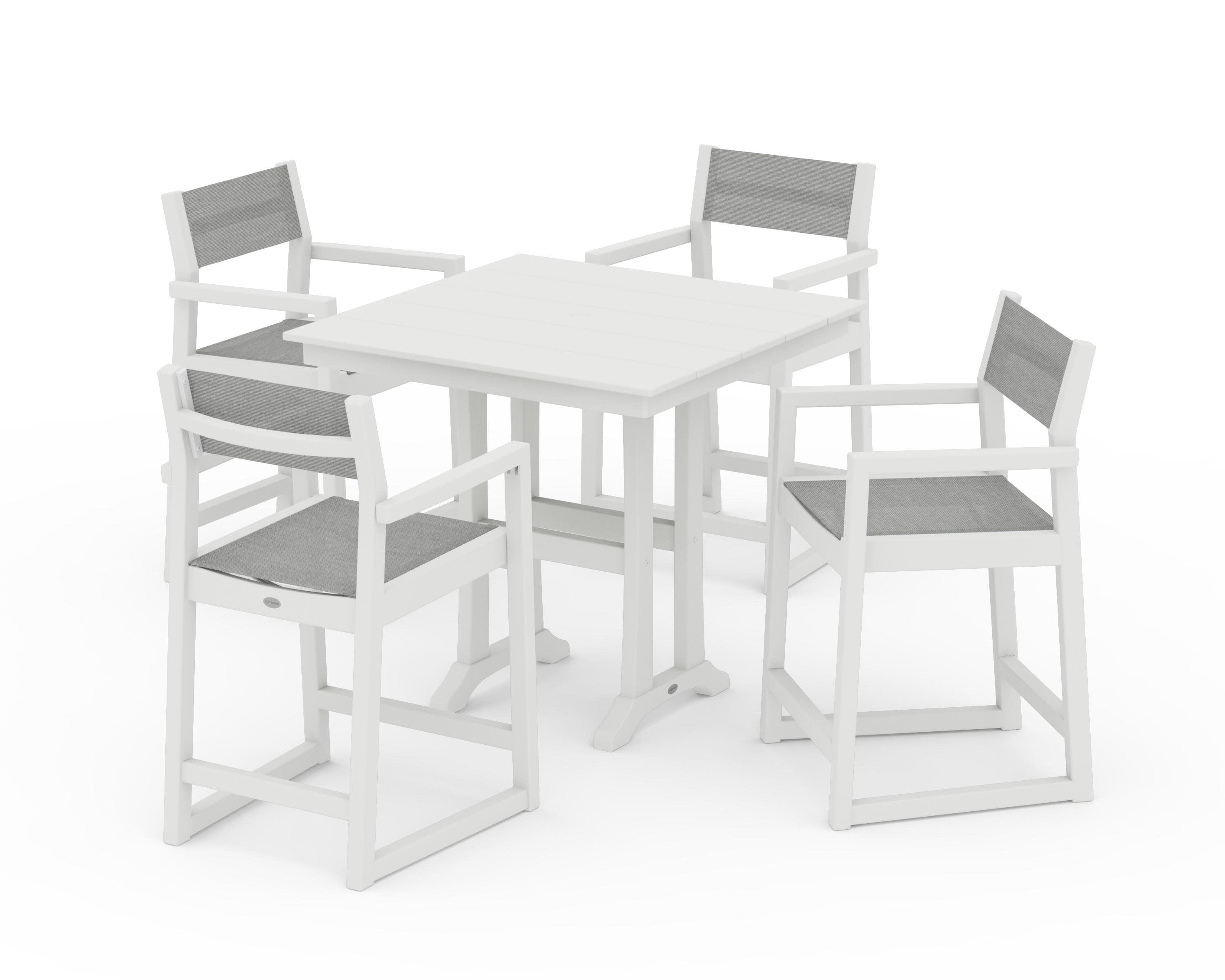 EDGE Sling Arm Chair 5-Piece Farmhouse Counter Set with Trestle Legs in Vintage White / Metallic Sling