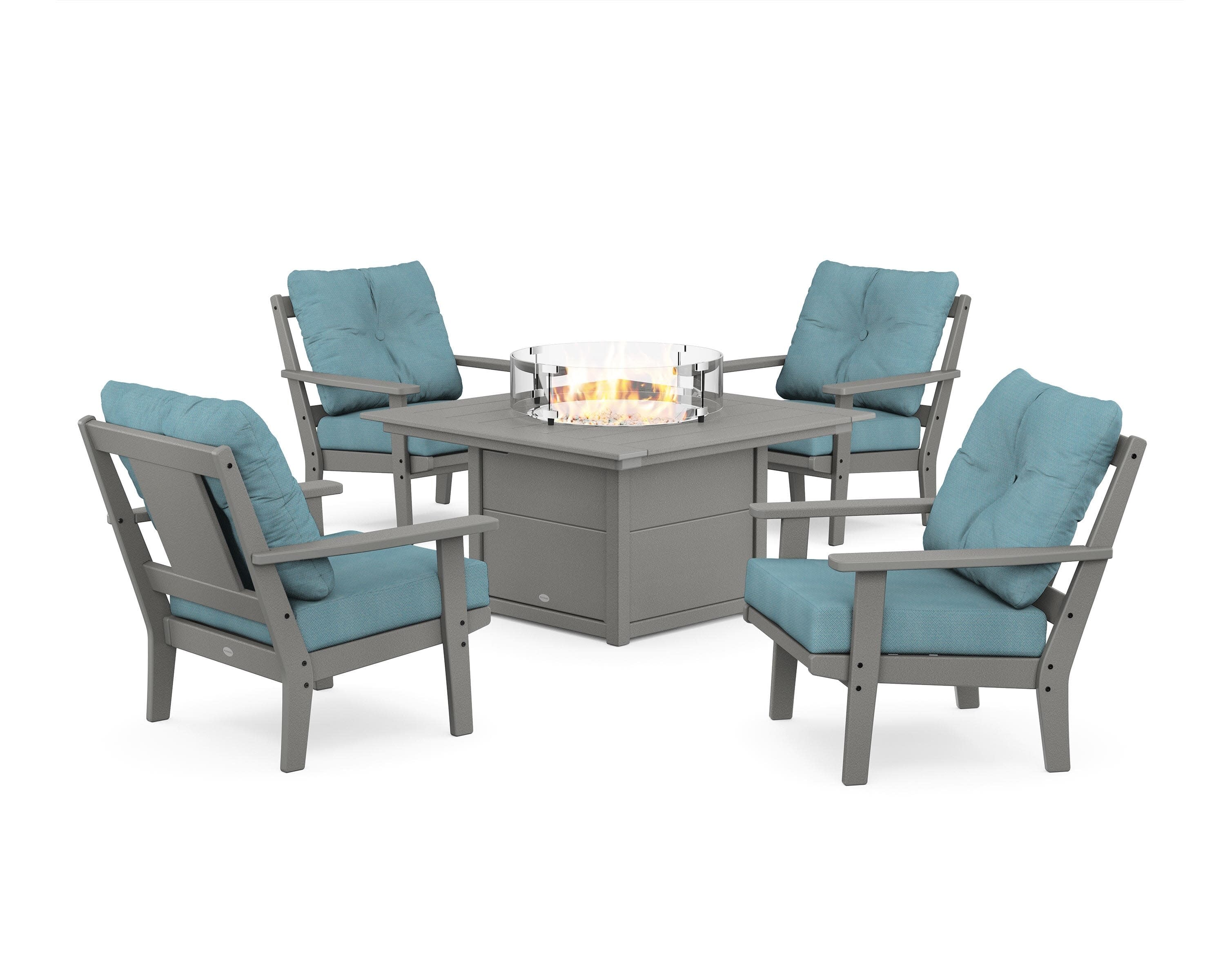 Prairie 5-Piece Deep Seating Set with Fire Pit Table in Slate Grey / Lattice Sky Blue